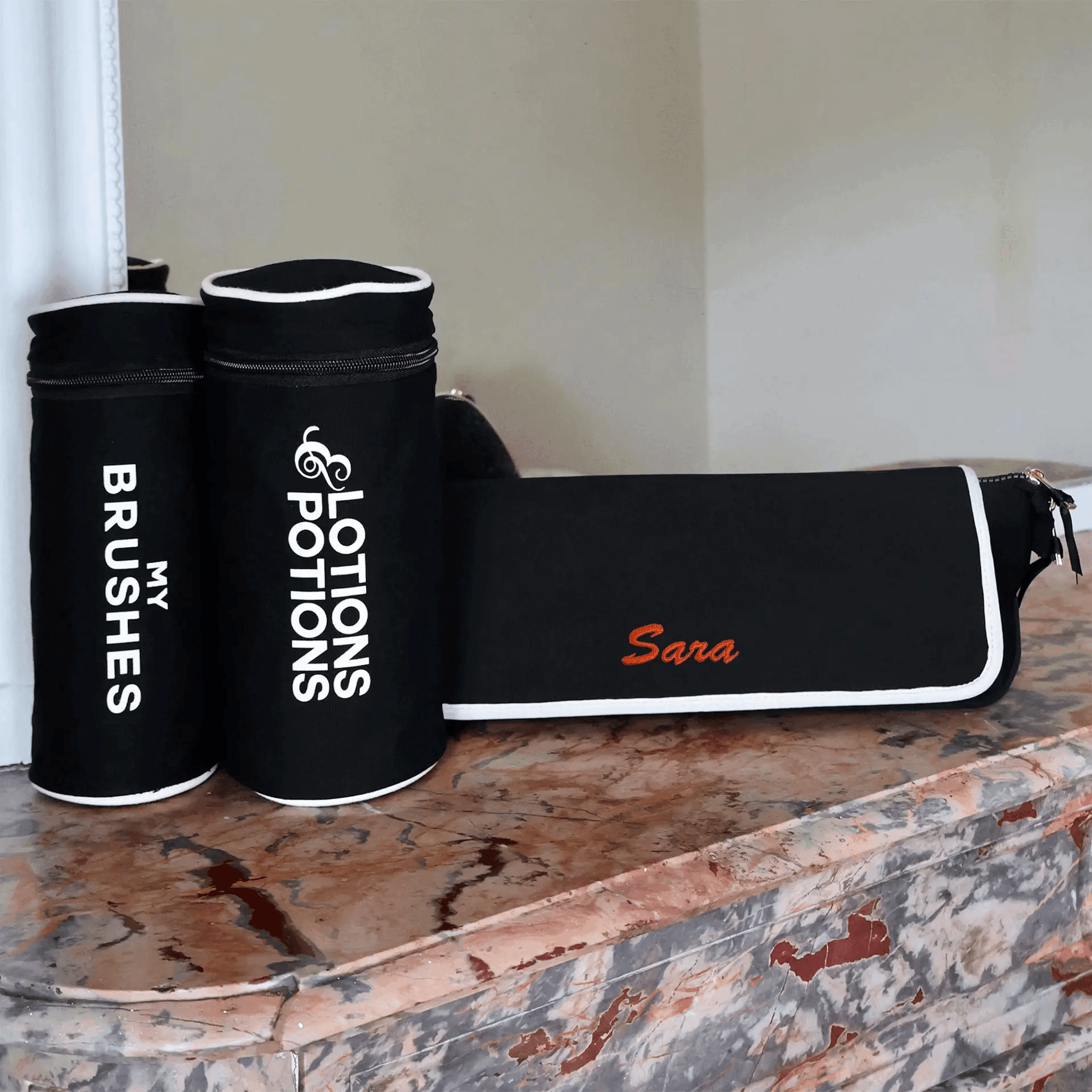 Bag-all black 3-pack brush and hair tools organizer set with white trim personalized with Sara name