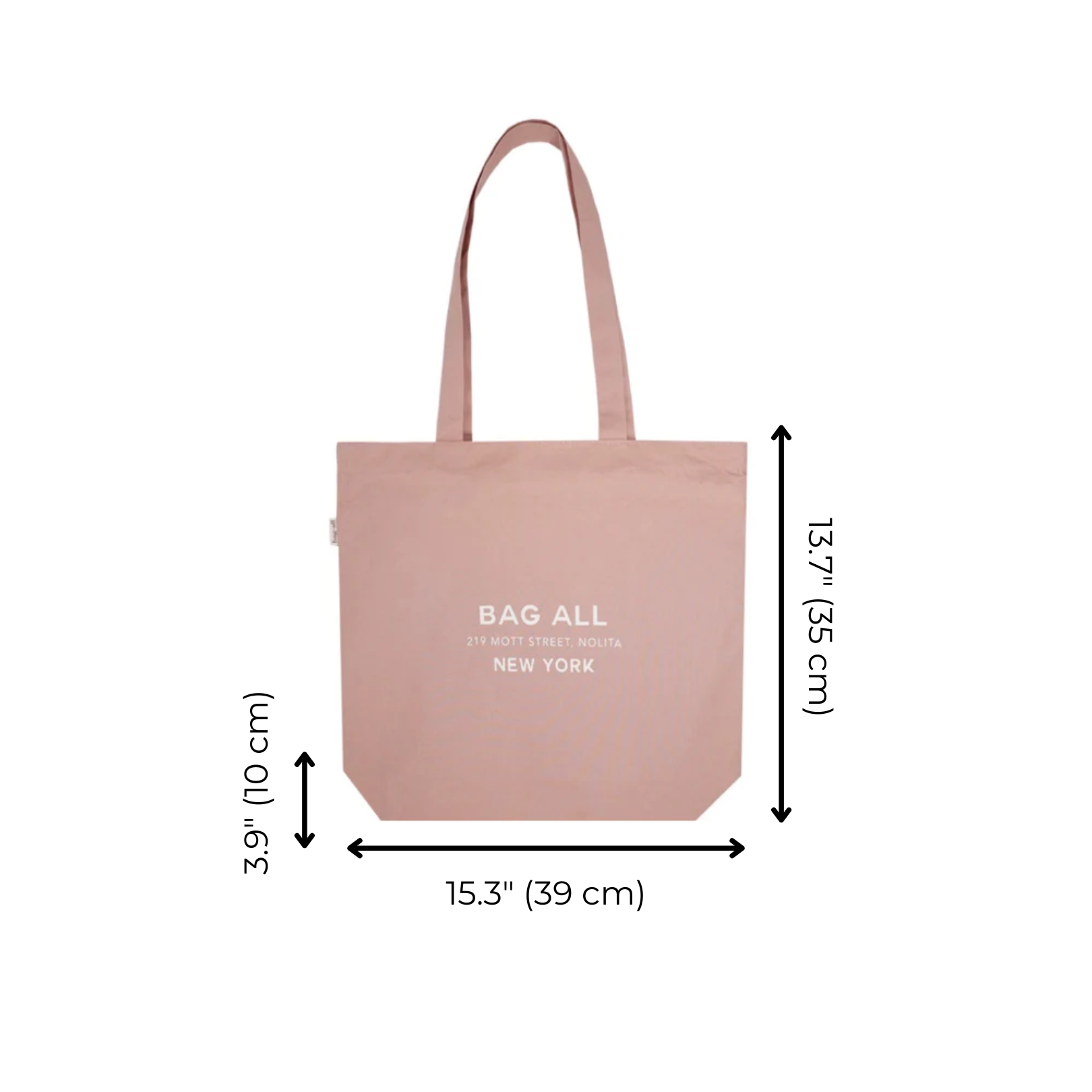 Bag-all New York City Tote in Pink/Blush with zipper closure, featuring cotton construction, inner pocket, and dimensions 15.3x13.7 inches, perfect for daily essentials