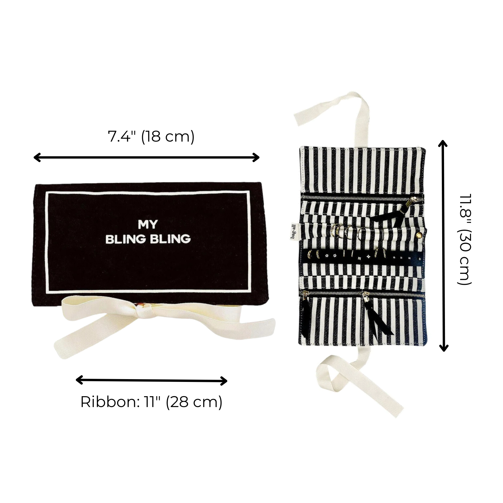 Deal Gift Set for Her, 3-pack, Black roll-up jewelry organizer with stripes, ribbon tie, natural cotton, and personalized "MY BLING BLING" text by Bag-all.