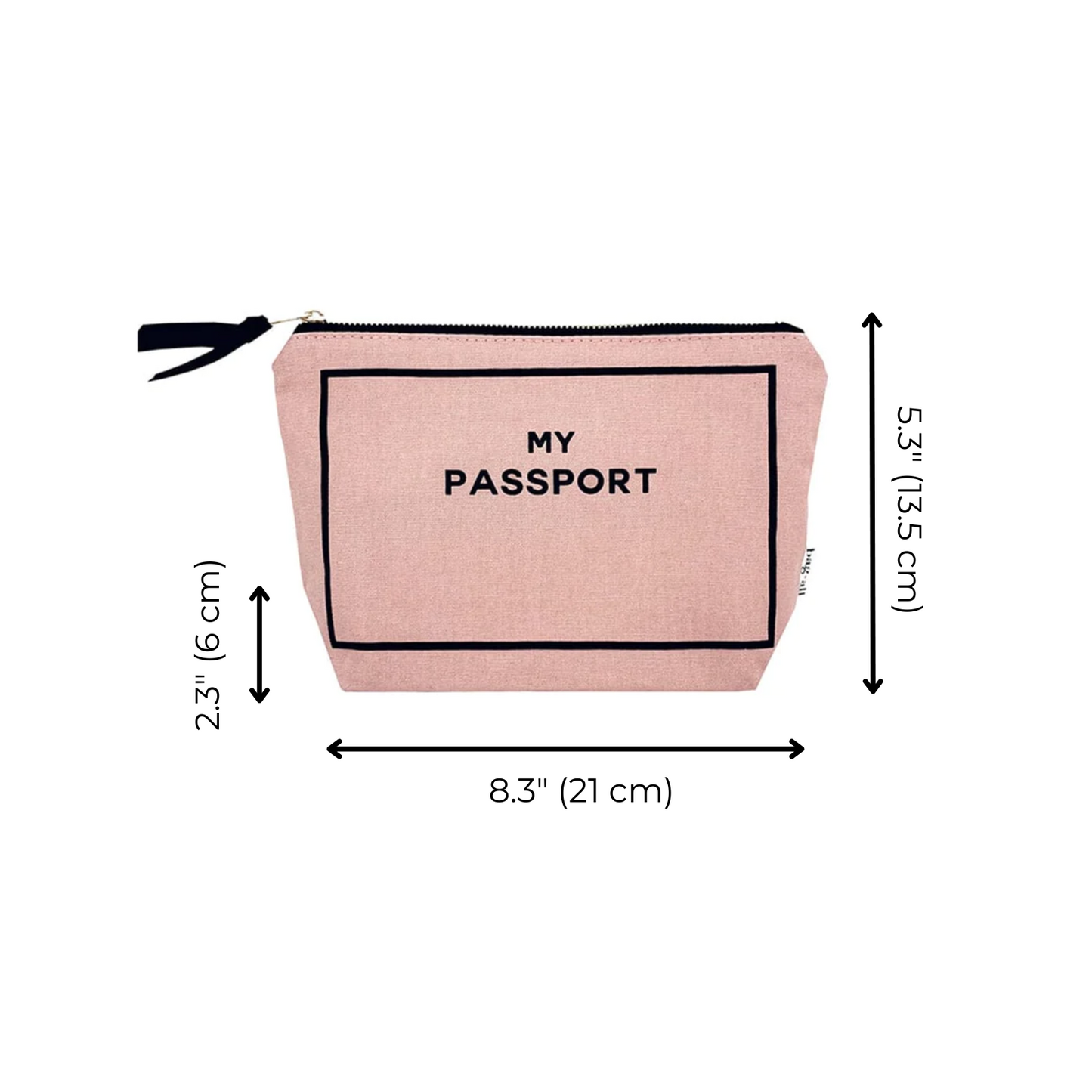Bag-all Passport Pouch in blush pink cotton, featuring gold zipper and "MY PASSPORT" text, measuring 8.3" x 5.3" with black trim detail