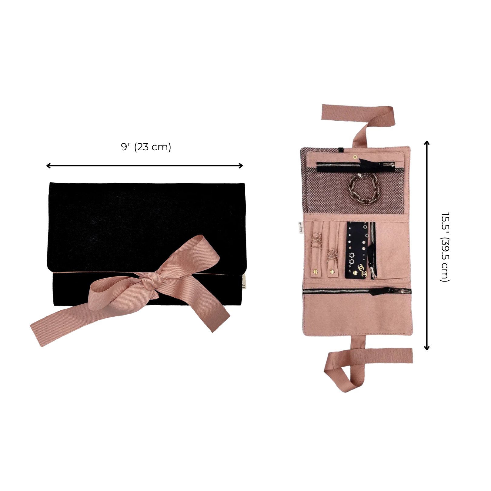 Bag-all Large Jewelry Roll in black velvet with pink bow, showing closed exterior and open interior with multiple compartments and hanging hook for travel organization