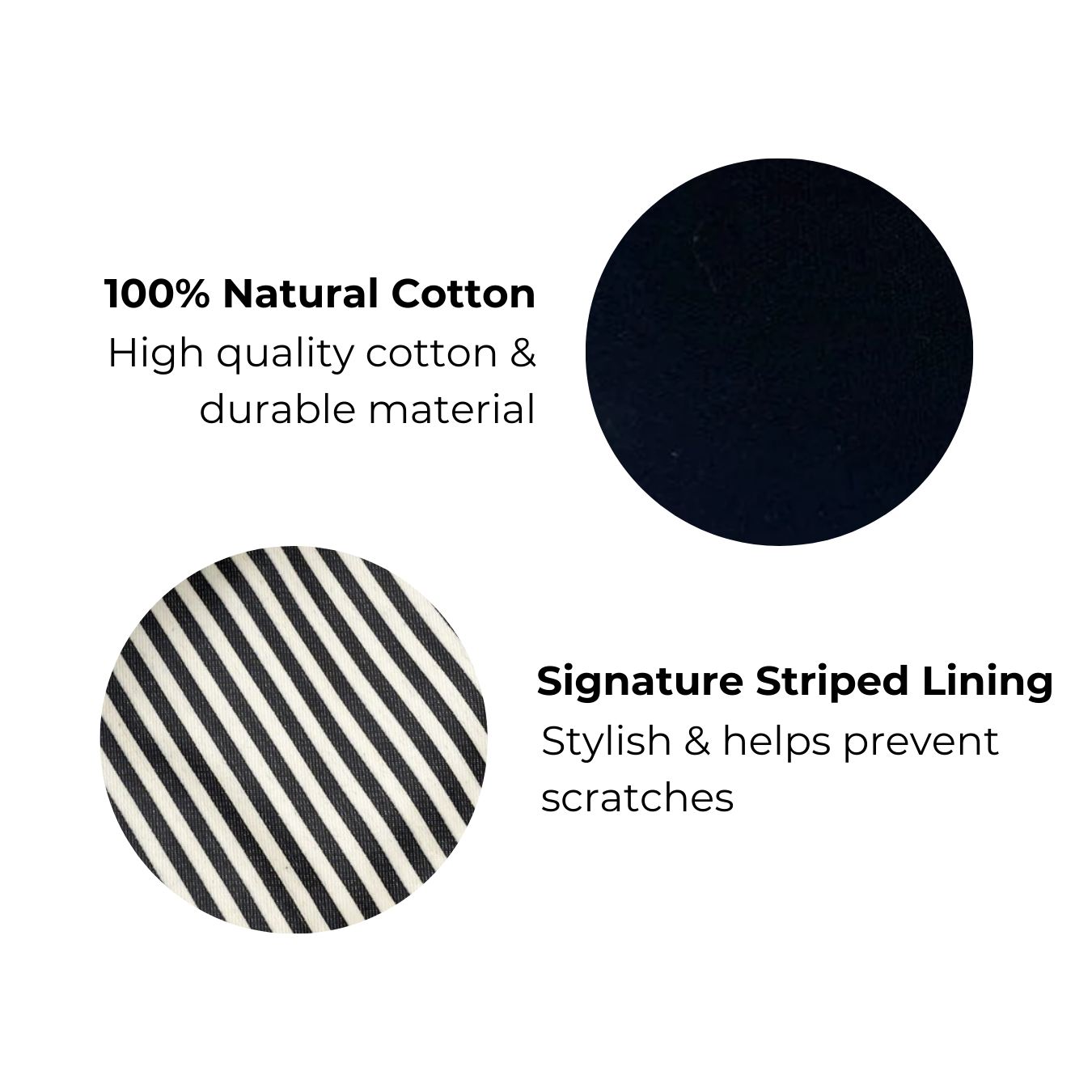 Bag-all Black Passport Pouch featuring 100% natural cotton exterior and signature striped lining, showcasing material swatches for quality and design details