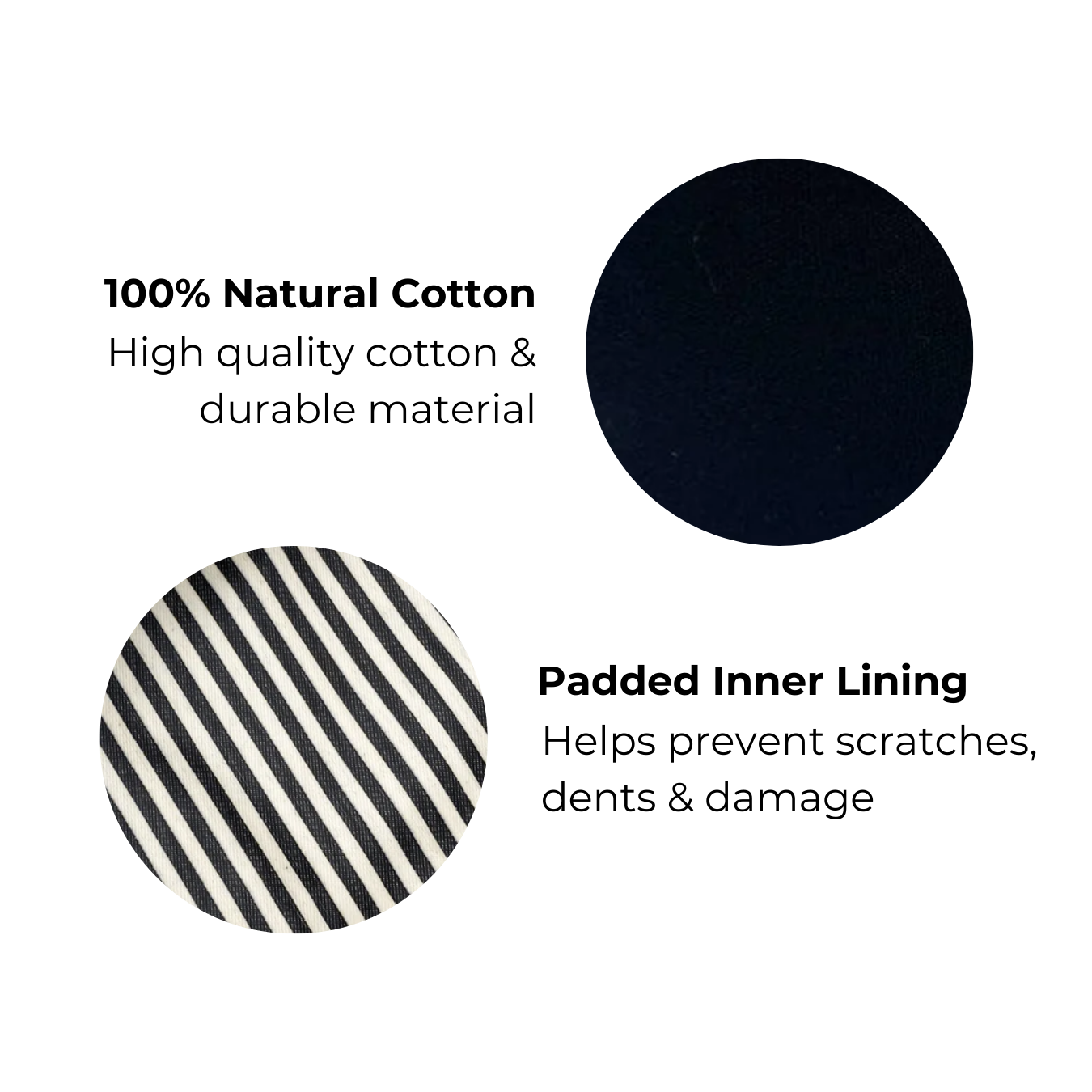 Bag-all Laptop Case 13 featuring 100% natural cotton exterior in black and protective striped padded inner lining, designed for optimal device protection and modern style