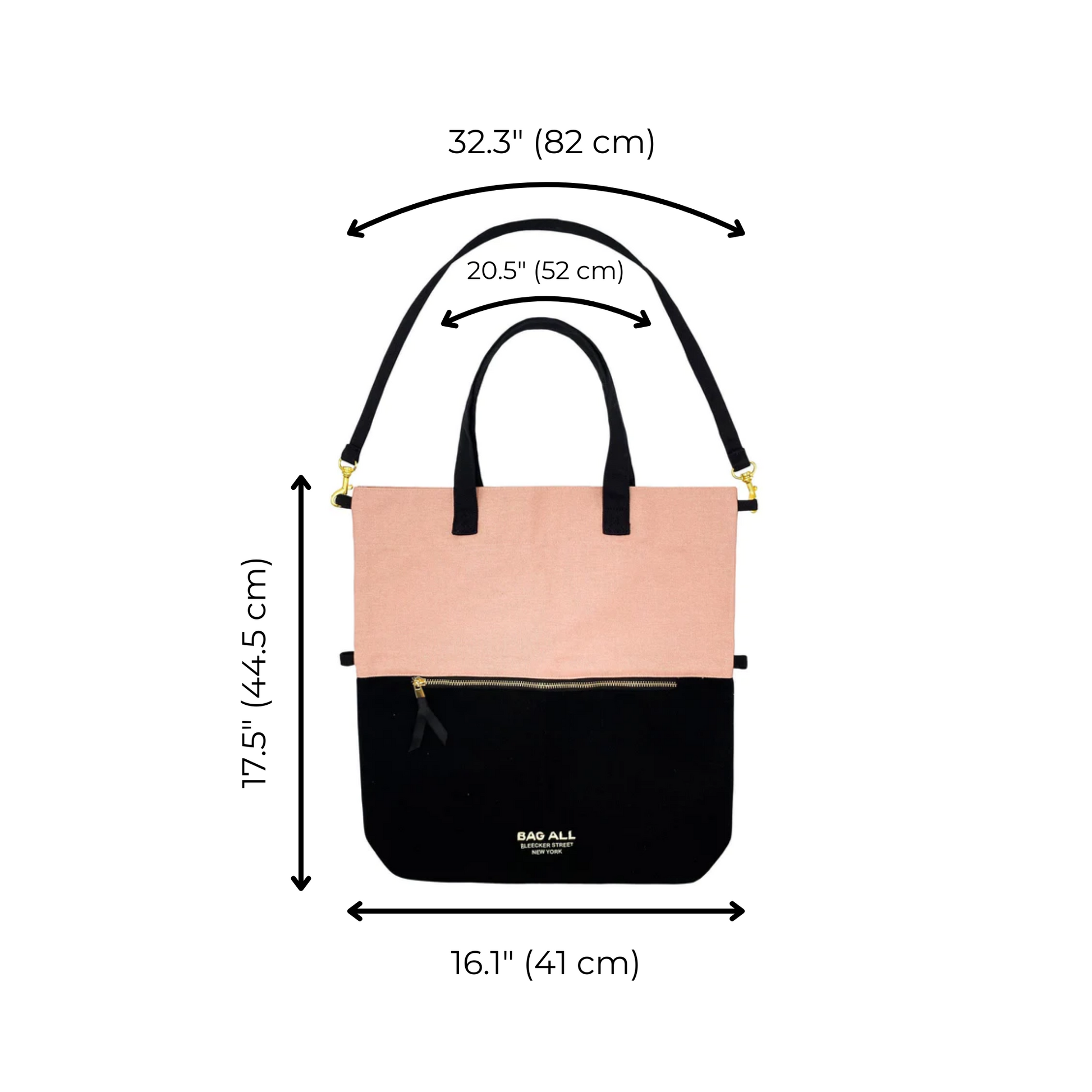 Bag-all 3-Way Tote in Pink/Black with dimensions: 32.3” strap, 17.5” height, 16.1” width. Versatile crossbody, tote & clutch