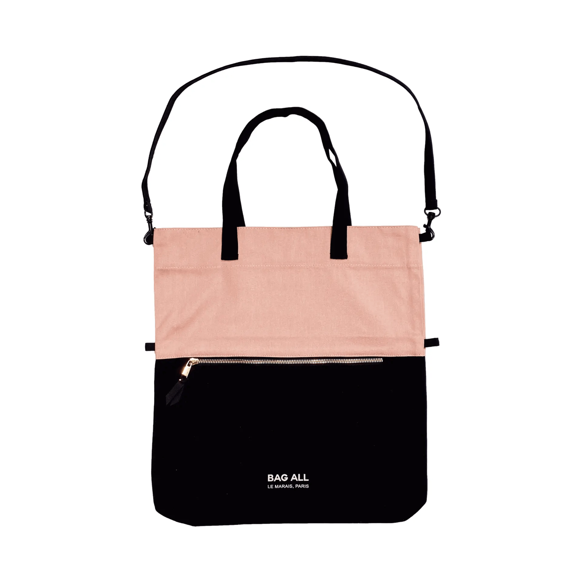 Bag-all 3-Way Tote in Pink/Black with detachable strap. A versatile bag that can be worn as a crossbody, handheld, or folded clutch