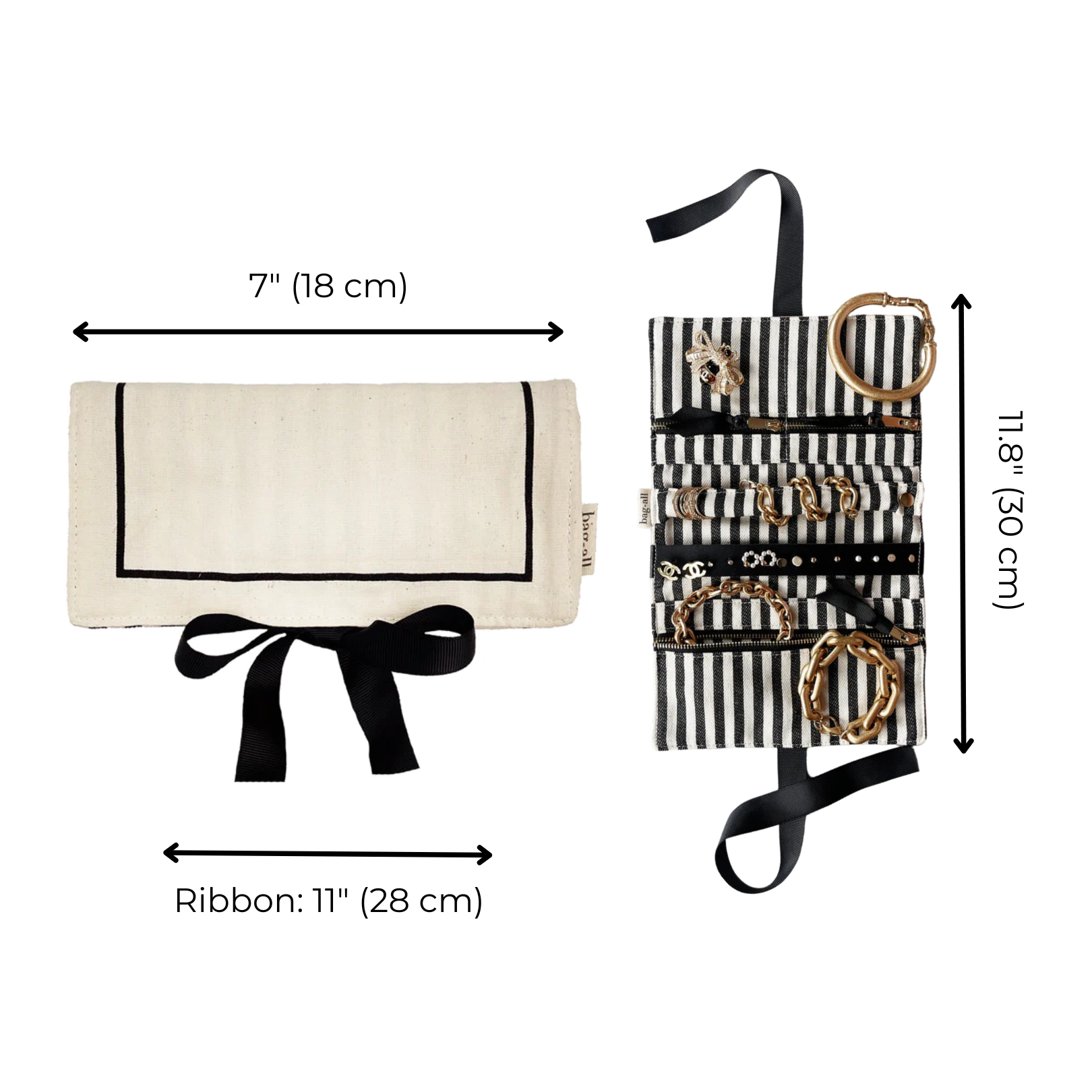 Bag-all Couture Jewelry Roll Medium Cream featuring striped interior, multiple compartments, 18cm height, black bow closure, perfect for organizing jewelry and travel