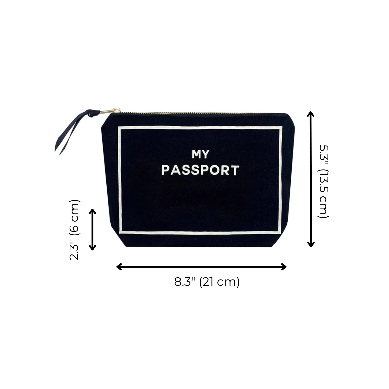 Bag-all Black Passport Pouch with white border design, featuring "MY PASSPORT" text. Compact cotton travel organizer with zipper closure, measuring 8.3" x 5.3
