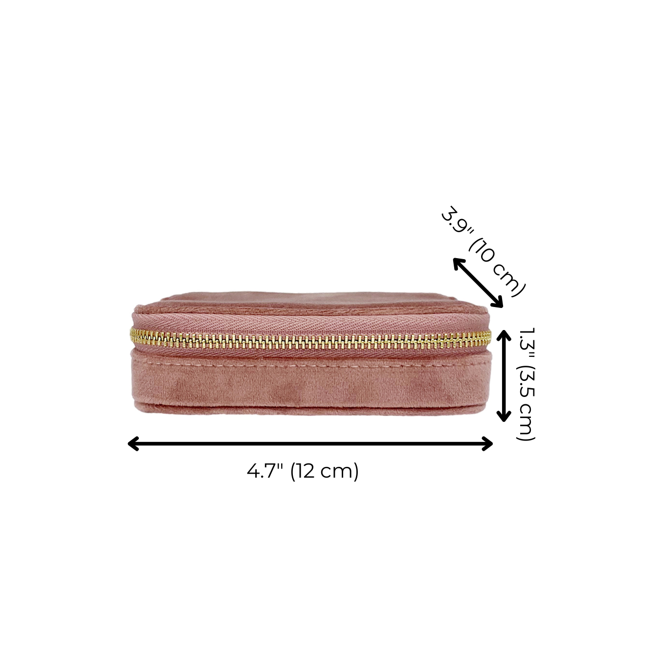 Bag-all Cute Jewelry Box in pink recycled velvet with gold zipper, monogrammable, featuring organized compartments for rings, necklaces and earrings, 4.7x3.9x1.3 inches
