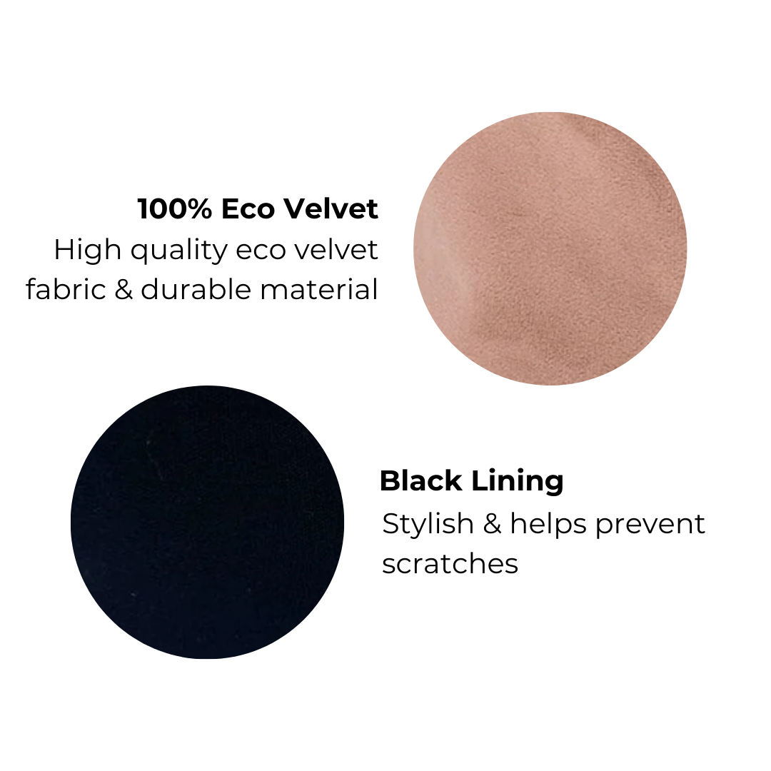 Bag-all Cute Jewelry Box in pink recycled velvet with black inner lining, showcasing eco-friendly material swatches: soft rose velvet texture and black lining