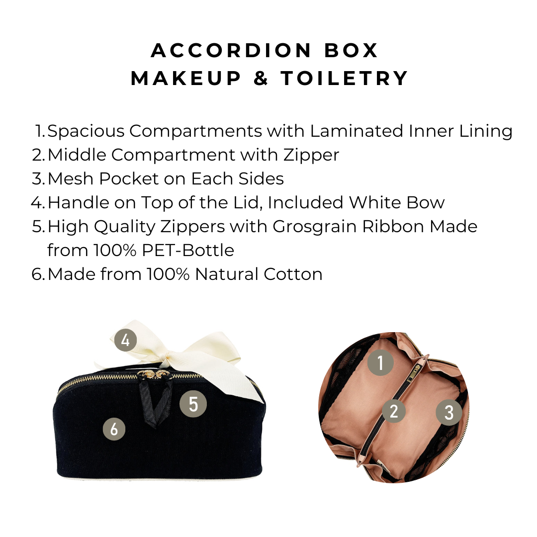 Bag-all Accordion Box Makeup & Toiletry in Black. Features spacious compartments, mesh pockets, eco-friendly zippers, and cotton fabric