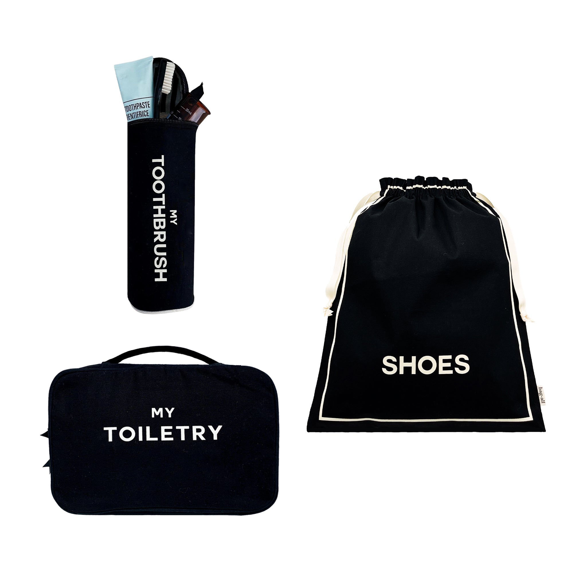 Bag-all black travel organizers 3-pack including toiletry, shoe, and toothbrush pouches for neat packing essentials