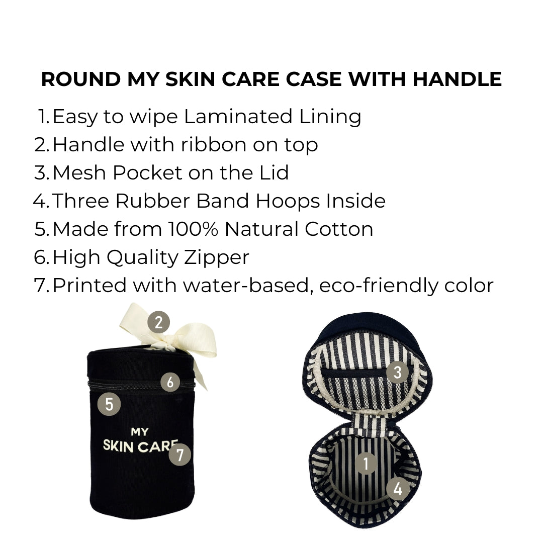 Bag-all Round Skin Care Case with Handle in black cotton featuring laminated lining, mesh lid pocket, ribbon bow, and three rubber bands for secure storage of beauty essentials
