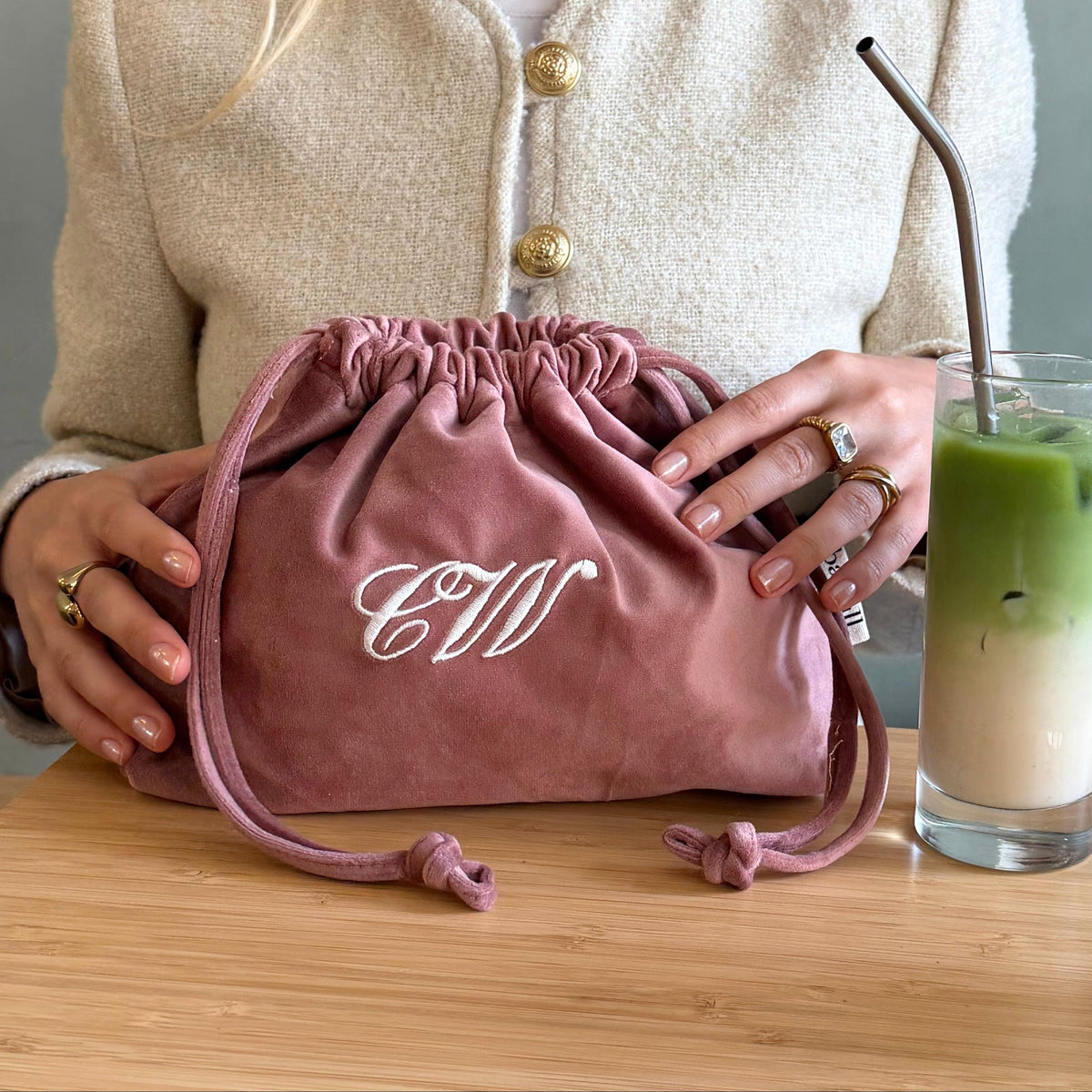 Drawstring Makeup Organizing Bag – Eco Velvet – Blush Pink by Bag-all with personalized initials for travel makeup organization