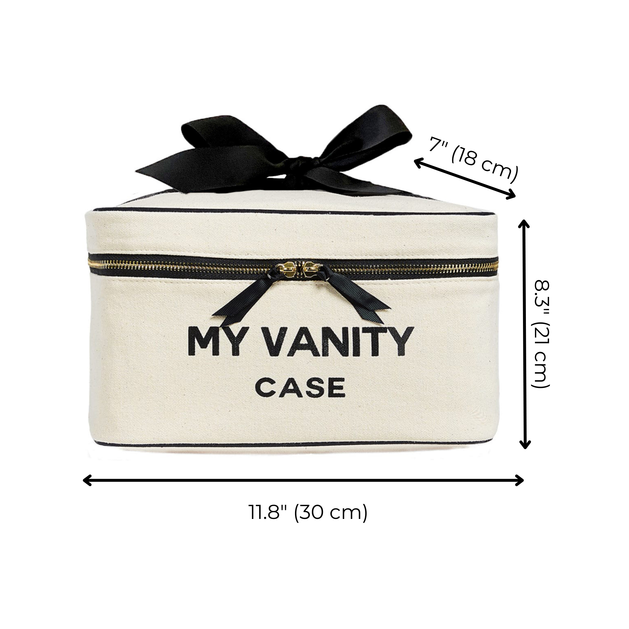 Cream Bag-all My Vanity large beauty box with black zipper and bow, front view with size measurements