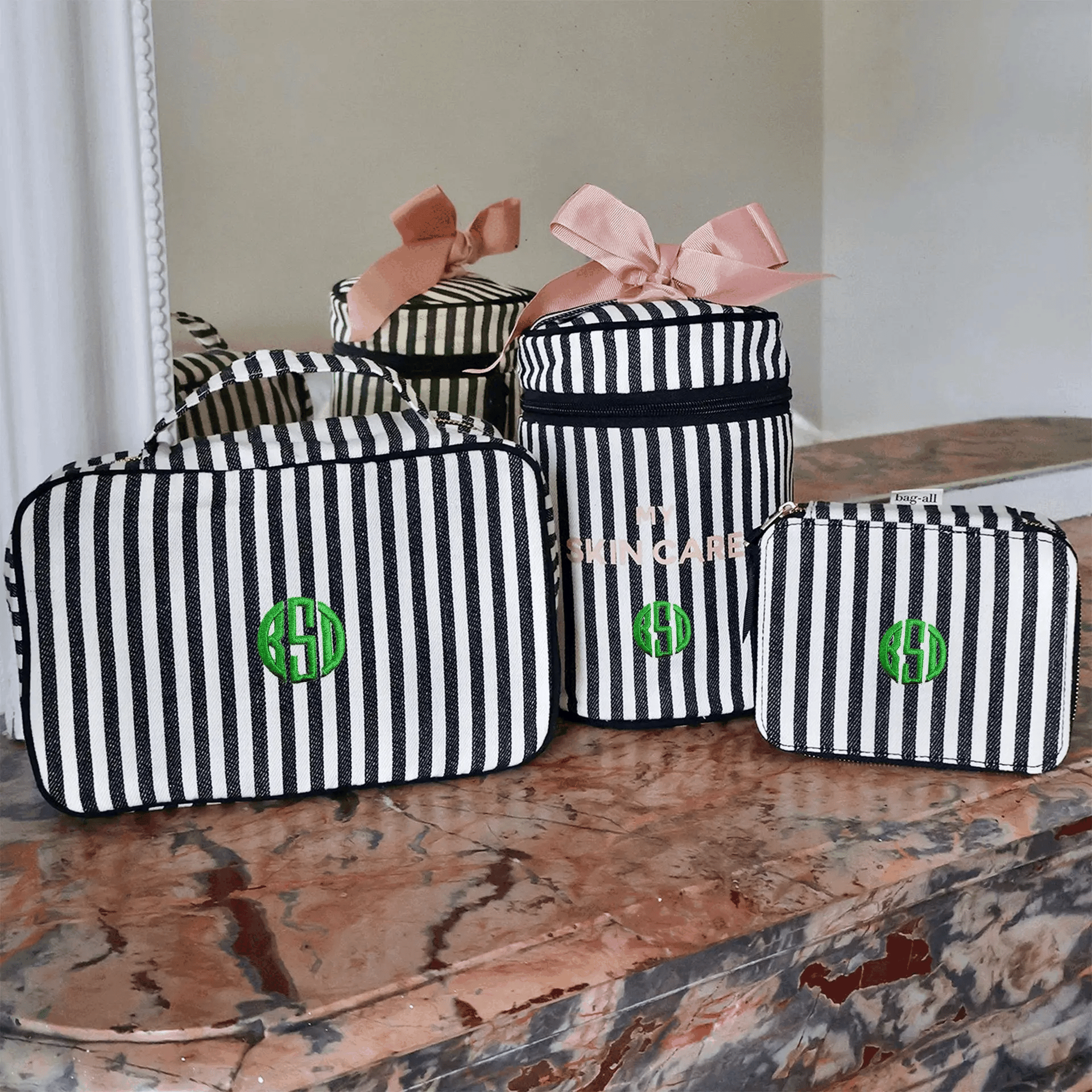 Bag-all striped 3-pack travel beauty gift set with pink bows, perfect toiletry and skincare organizers for trips