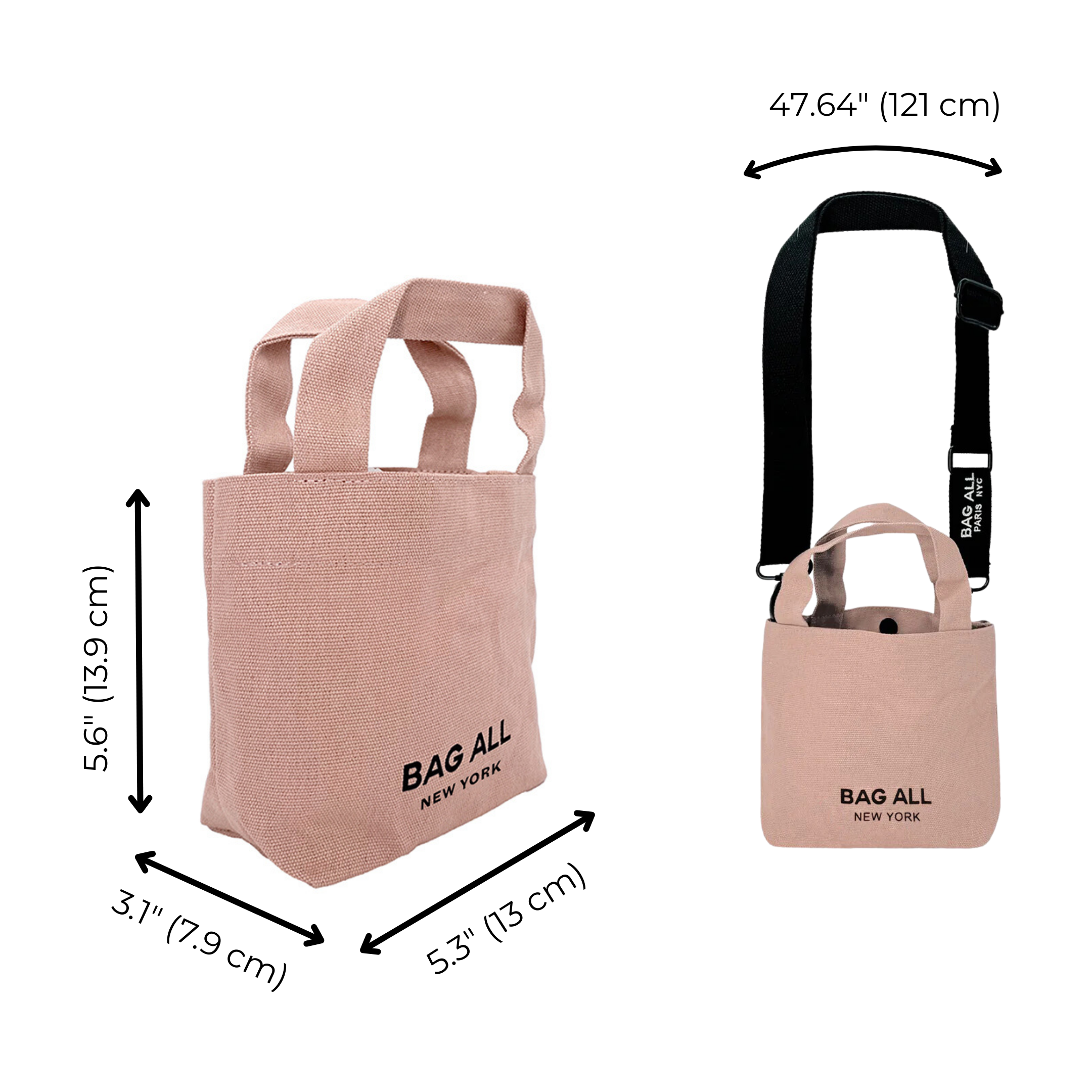 Bag-all Mini Tote in pink blush with black adjustable strap, interior pocket and cotton construction, shown with product dimensions and dual carry options