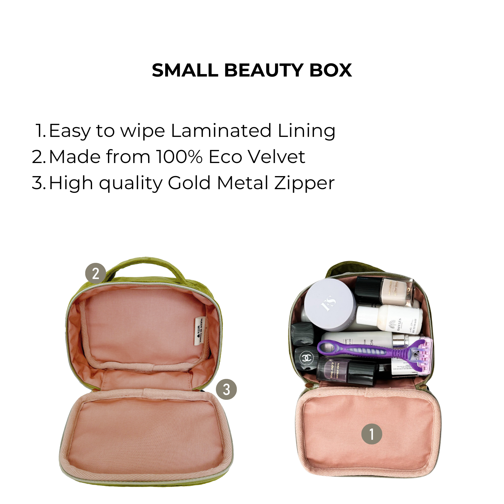 Bag-all Small Beauty Box in Green Velvet with eco-friendly laminated lining, gold zipper, and handle - perfect for organizing makeup and accessories sustainably