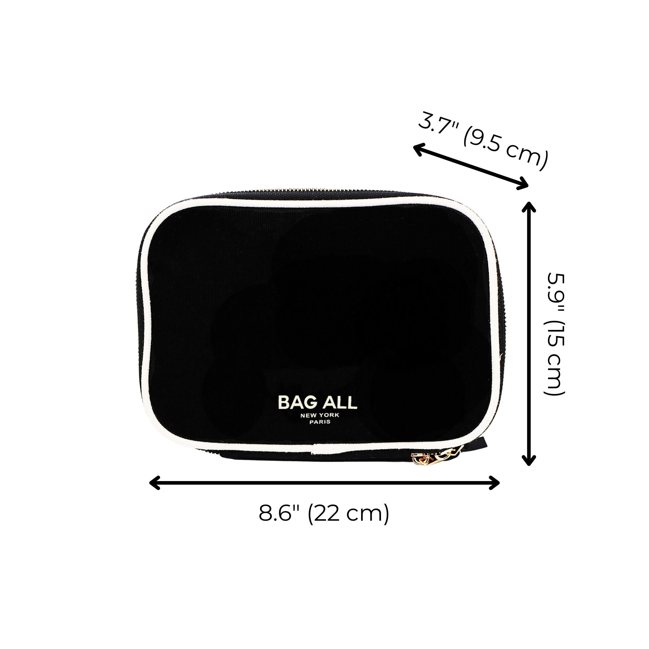 Bag-all Double Sided Tech Case in black with white trim, featuring dual zippers and dimensions 8.6 x 5.9 x 3.7 inches, perfect for gadgets, chargers, cables, and headphones