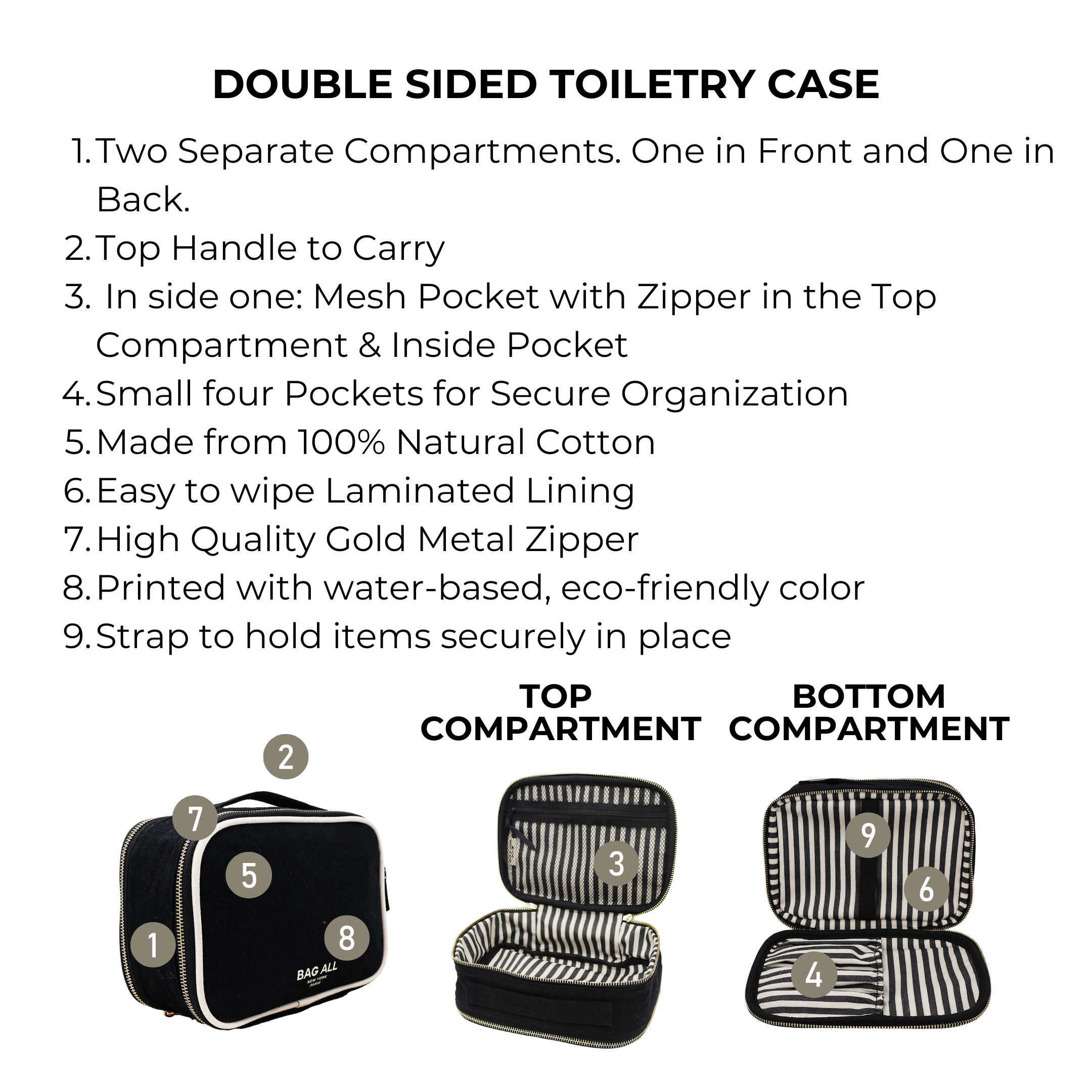 Bag-all Double Sided Toiletry Case in Black with dual compartments, waterproof lining, mesh pockets, elastic bands, and gold zipper. Premium cotton travel organizer for toiletries and grooming essentials.