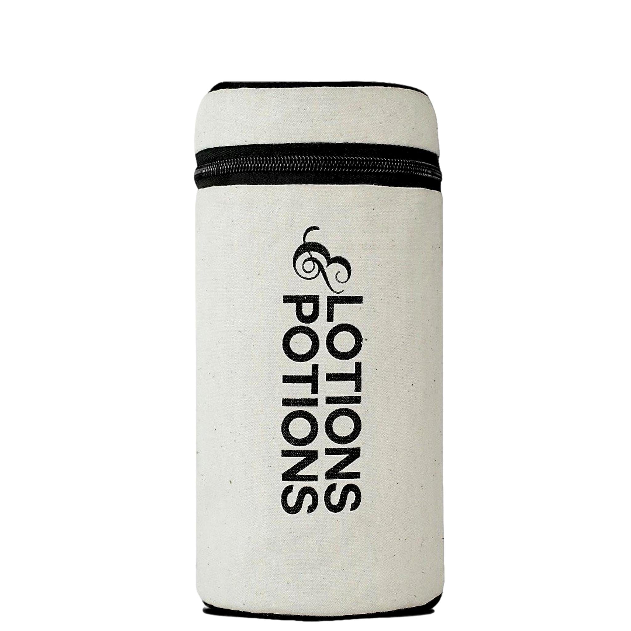 Bag-all Stylish Beach Essentials cream cotton organizer with Lotions & Potions text, featuring black zipper and minimalist design, part of 3-pack beach set