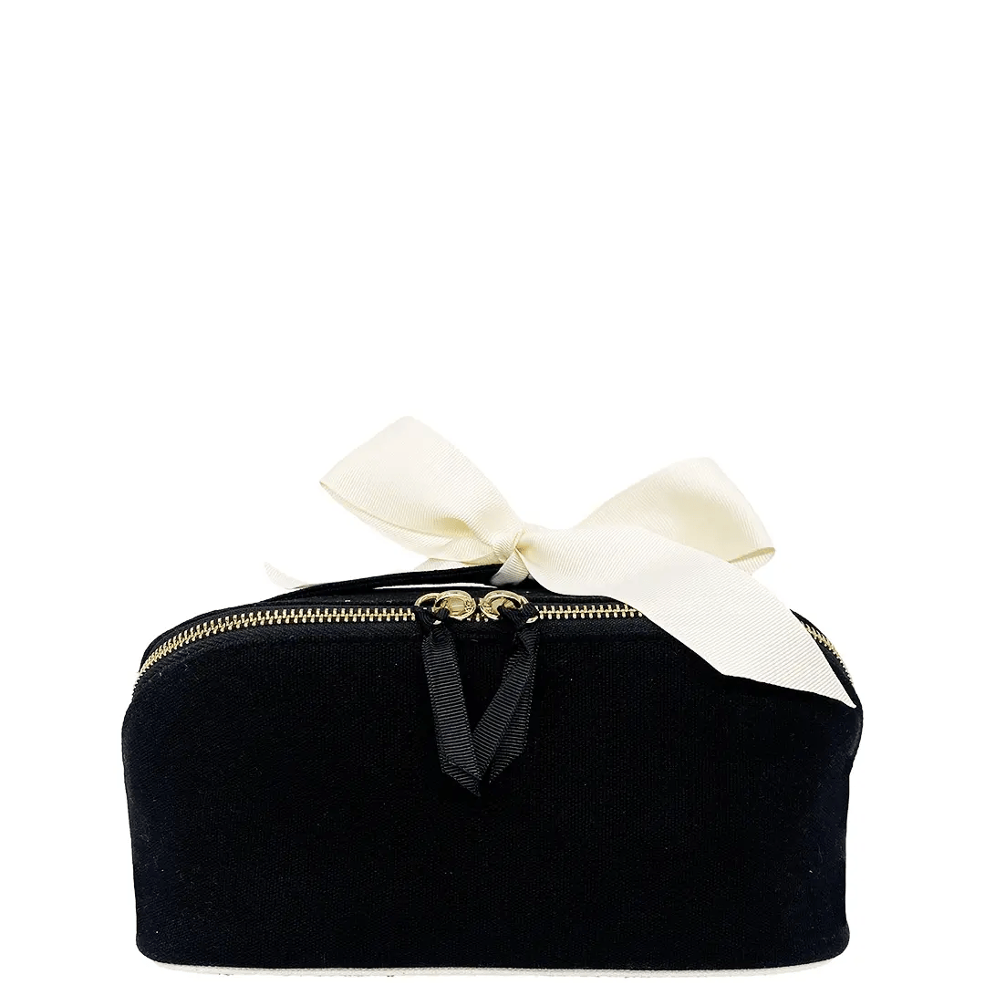 Bag-all Accordion Box Makeup & Toiletry – Black with zip closure and ribbon bow for travel organization