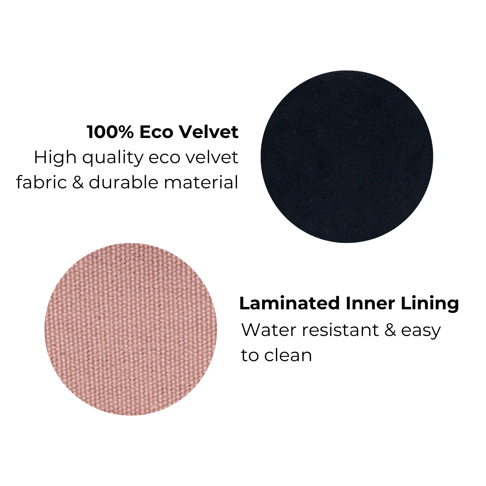 Bag-all close-up of eco velvet black fabric and pink laminated lining detail, durable and water-resistant materials gallery position 1