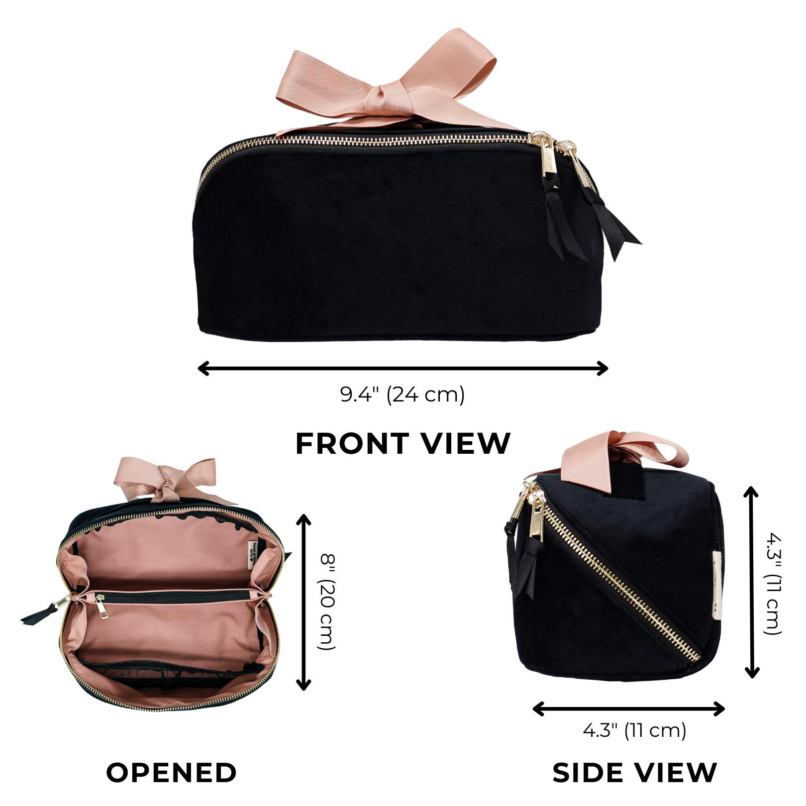 Bag-all black velvet accordion makeup and toiletry organizer with pink ribbon and gold zipper gallery position 1