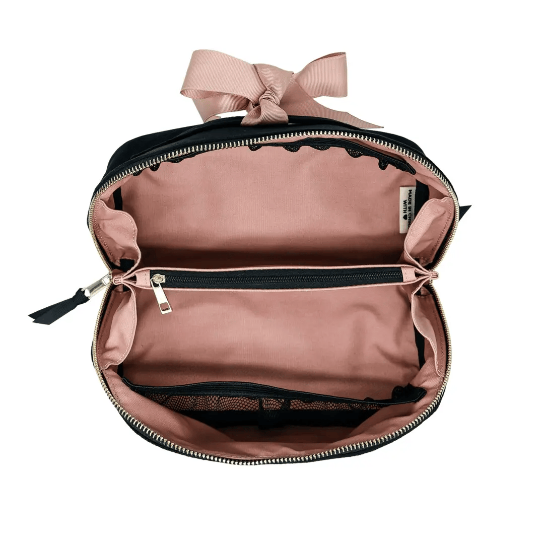 Bag-all black velvet accordion makeup box open view showing soft pink interior and zipper compartments gallery position one