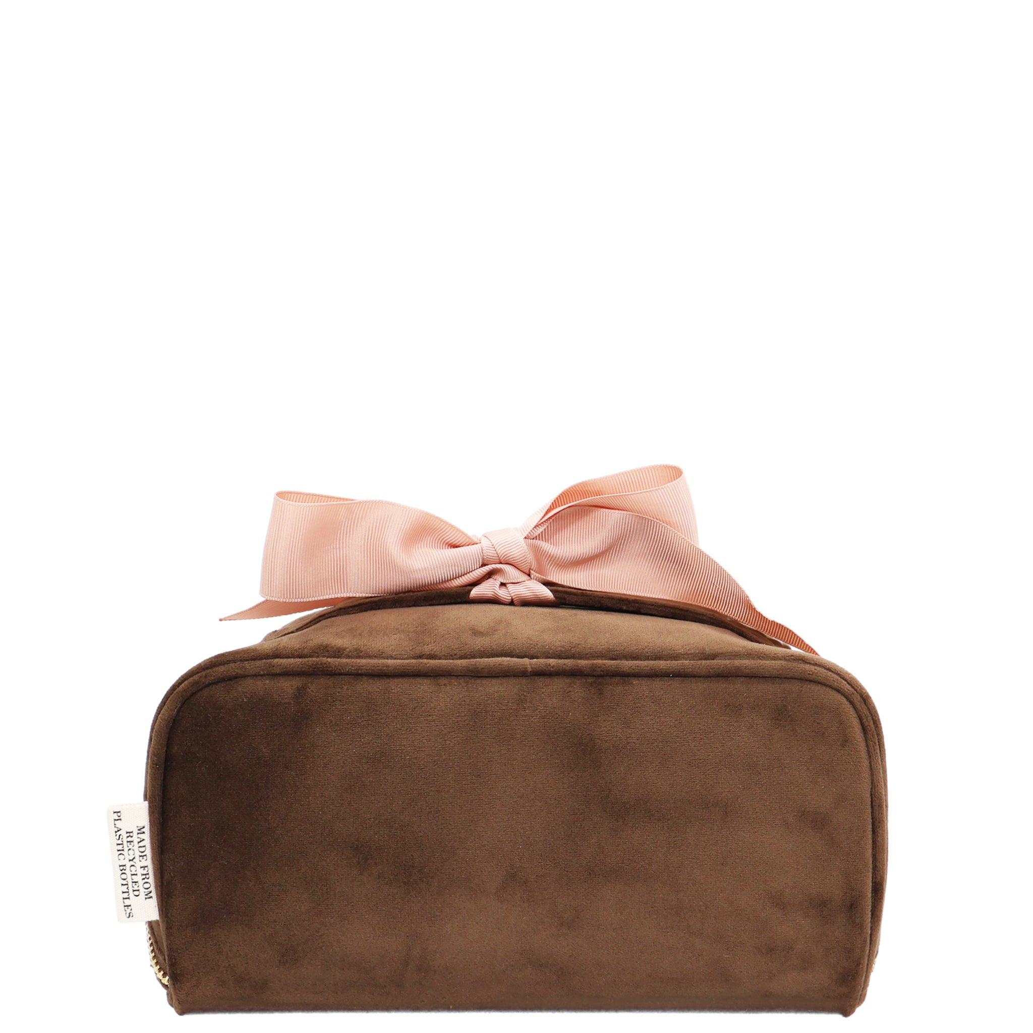 Accordion Box Makeup & Toiletry – Eco Velvet – Espresso Brown travel case with soft texture and pink ribbon, designed by Bag-all for organized packing.