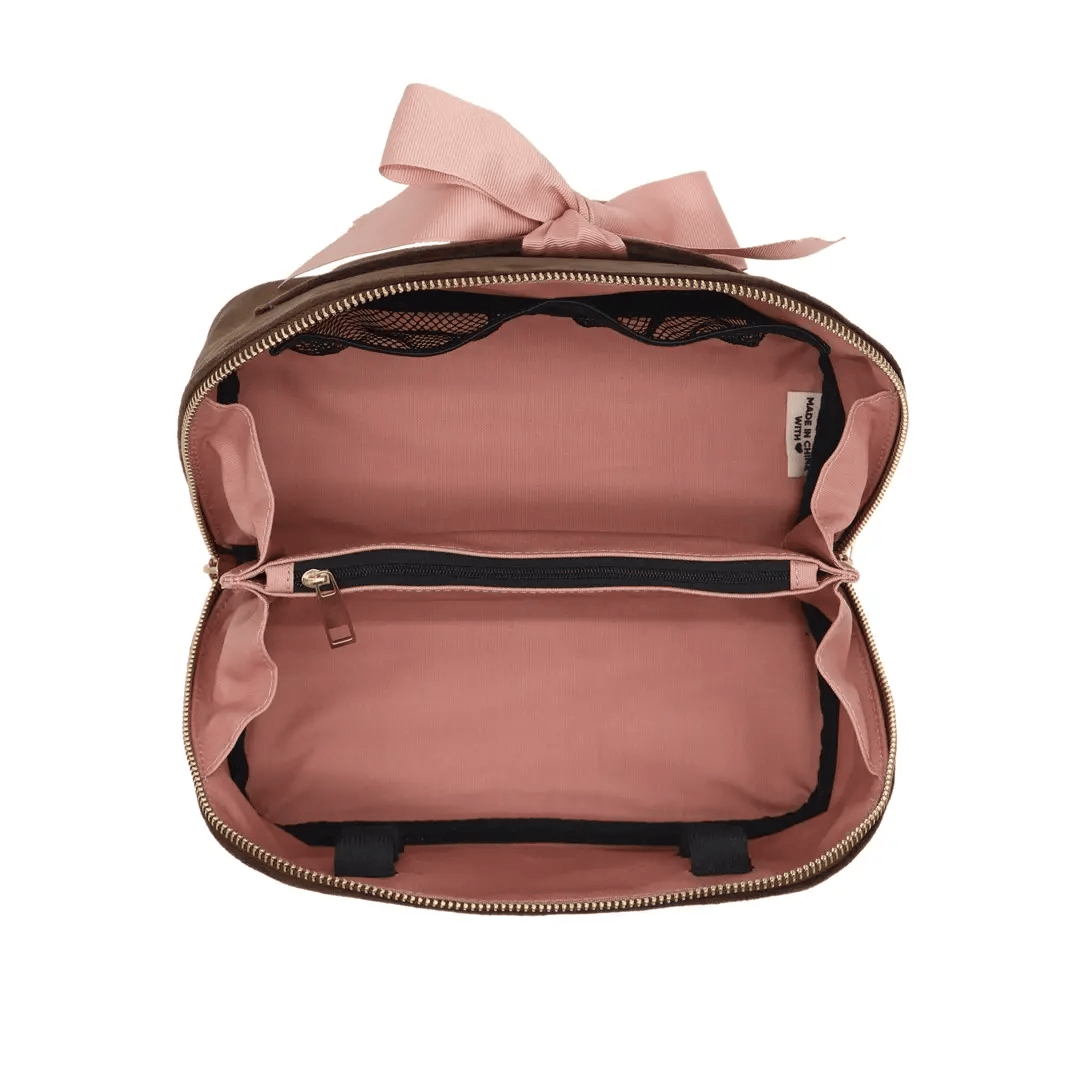 Accordion Box Makeup & Toiletry – Eco Velvet – Espresso Brown open interior for travel organization by Bag-all