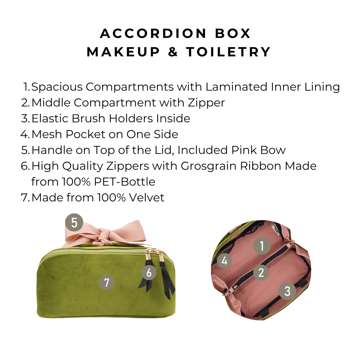 Accordion Box Makeup & Toiletry – Eco Velvet – Matcha Green infographic showing compartments brush holders and mesh pocket