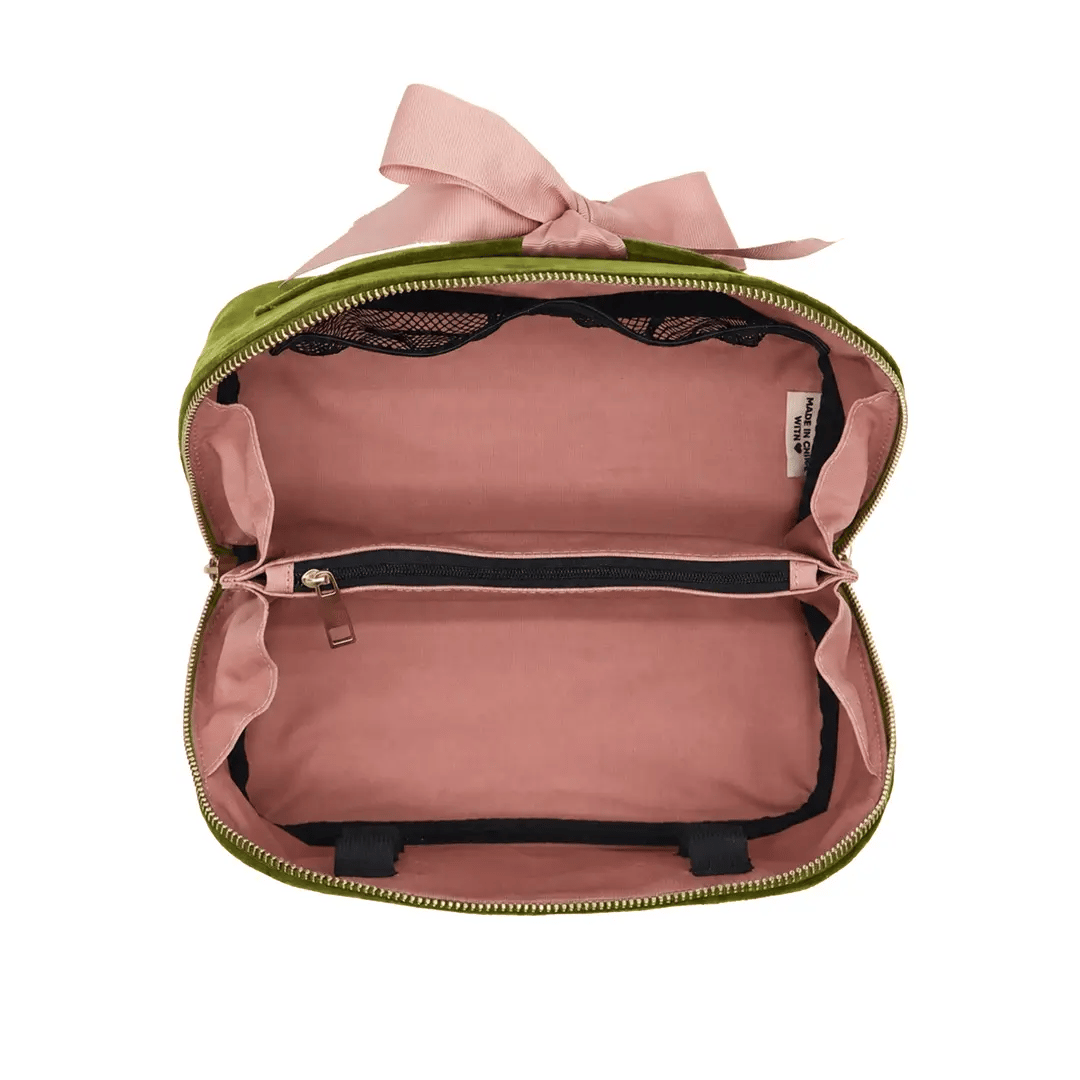 Accordion Box Makeup & Toiletry – Eco Velvet – Matcha Green by Bag-all open green velvet travel organizer with pink interior