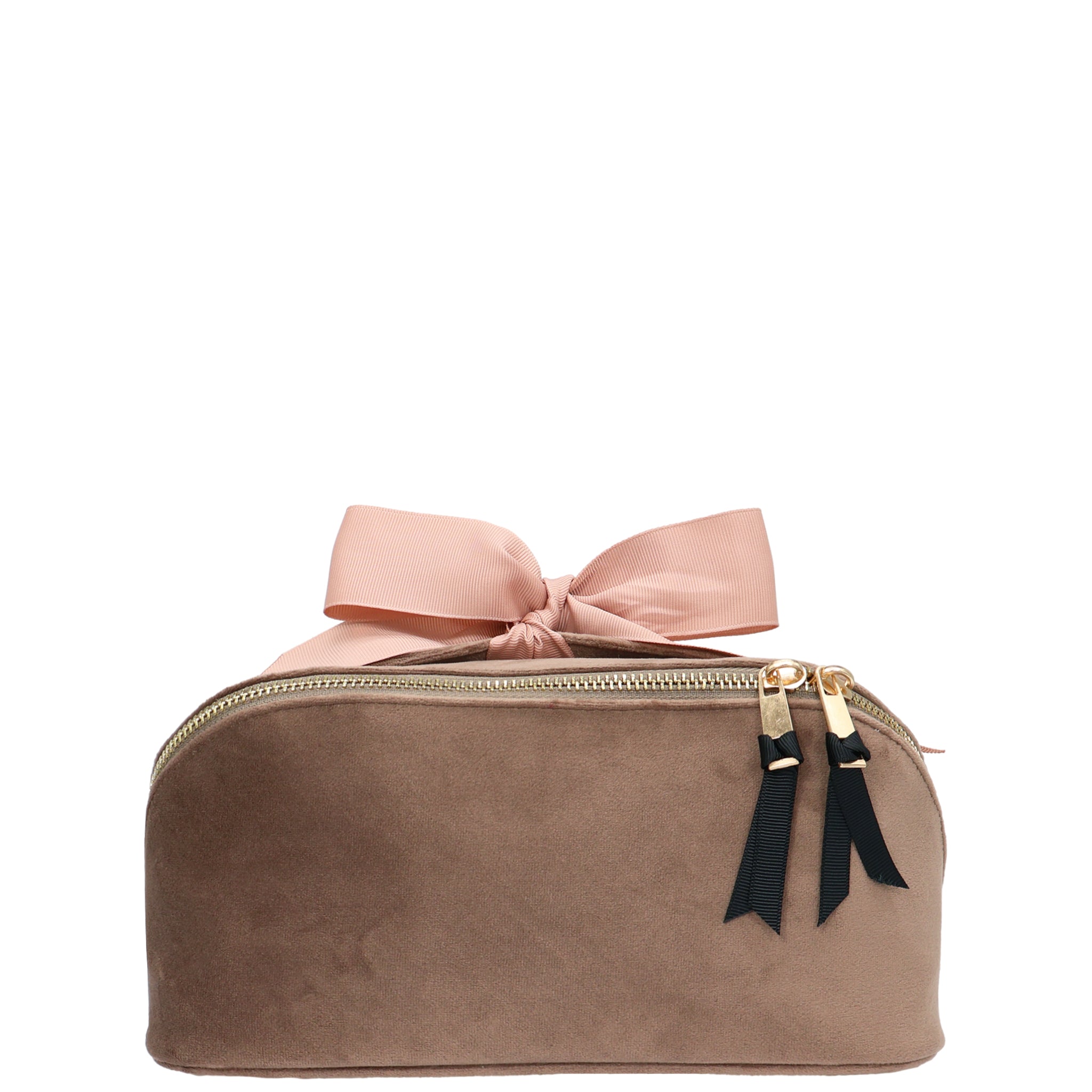Accordion Box Makeup & Toiletry – Eco Velvet – Latte Taupe with pink bow, gold zippers, and soft velvet for personalized travel organization by Bag-all.