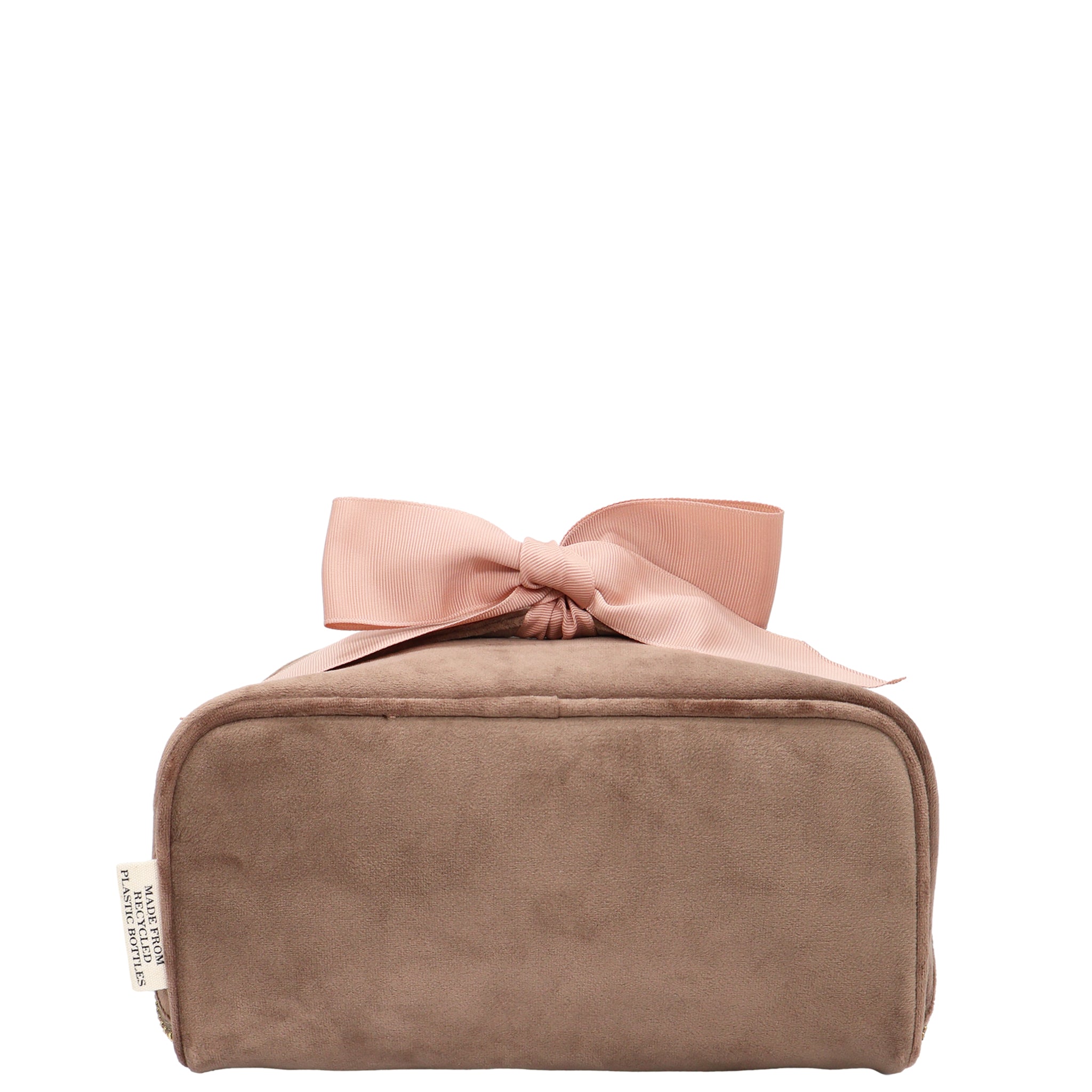 Accordion Box Makeup & Toiletry – Eco Velvet – Latte Taupe with soft velvet texture, pink grosgrain ribbon, and smart compartments for organized travel by Bag-all.