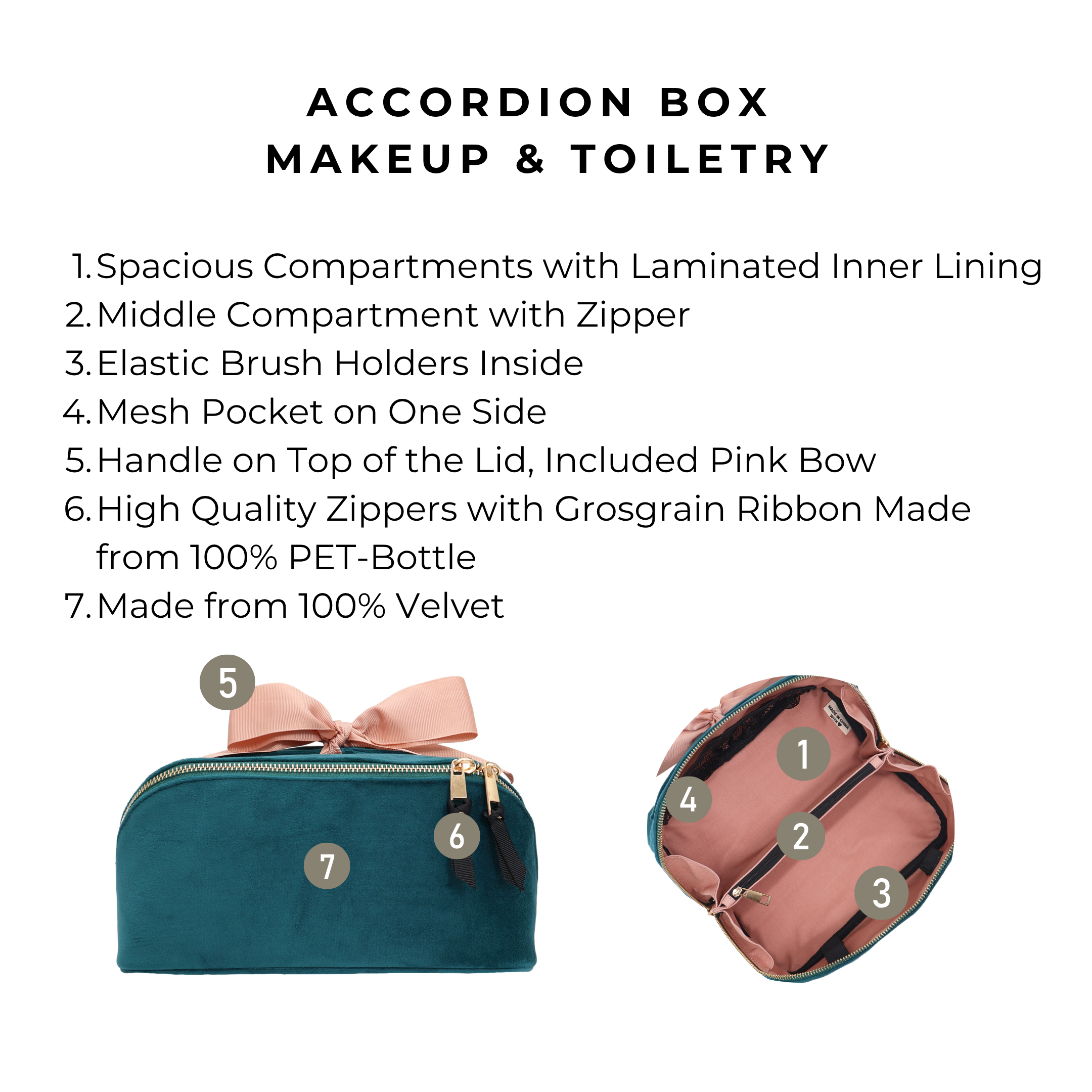 Accordion Box Makeup & Toiletry – Eco Velvet – Aqua Teal with spacious compartments, elastic brush holders, laminated lining, pink bow, and pink grosgrain ribbon by Bag-all.
