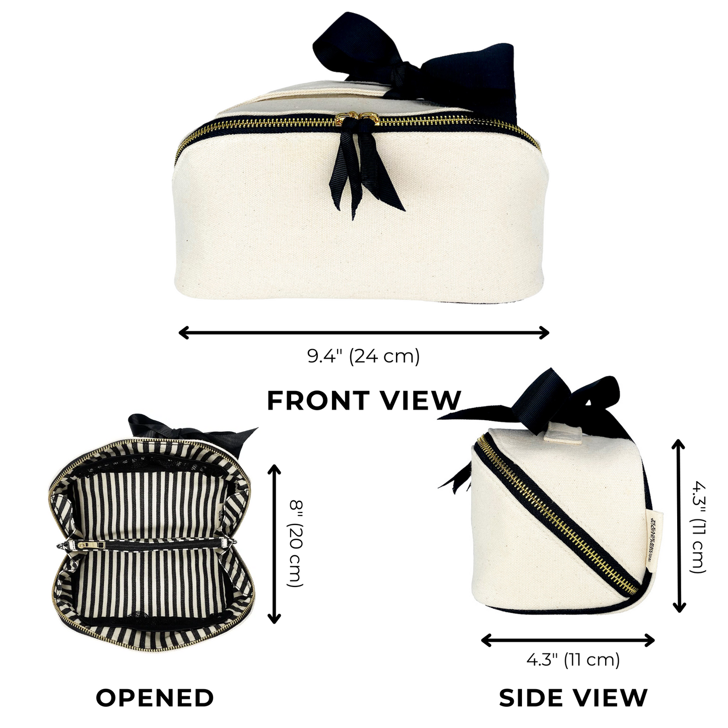 Accordion Box Makeup & Toiletry Cream by Bag-all with gold zipper, striped lining, and recycled ribbon for stylish organization.