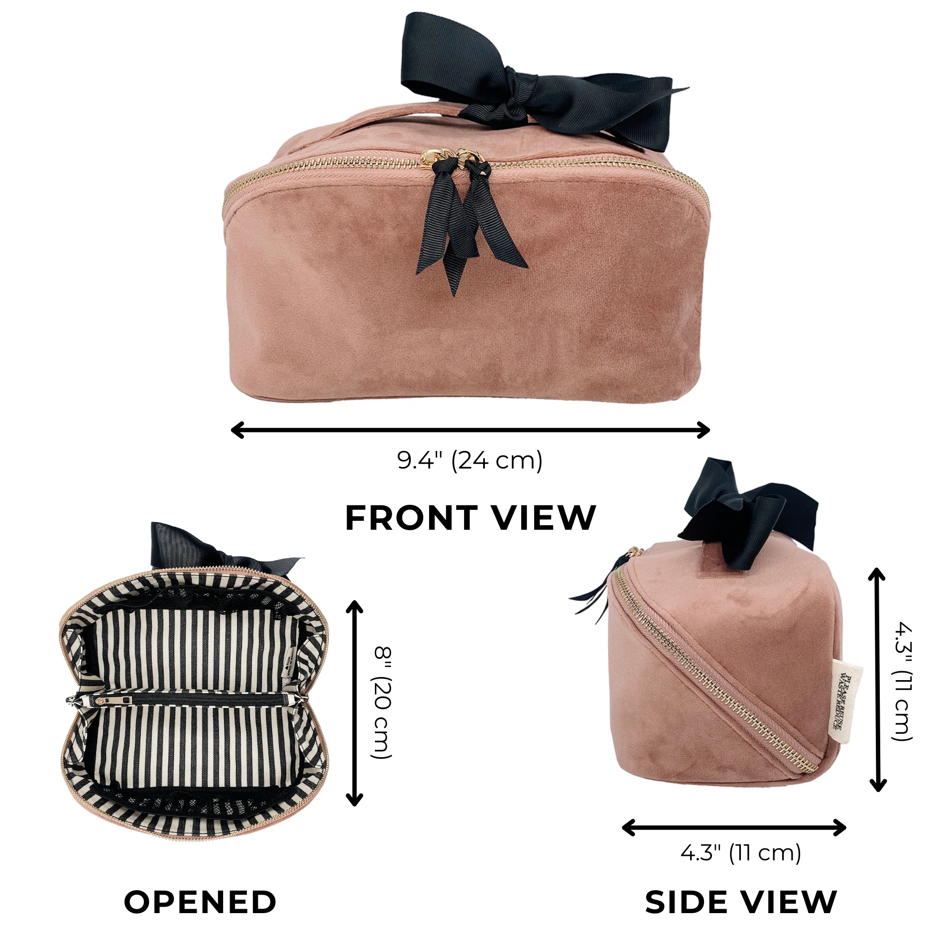 Accordion Box Makeup & Toiletry Pink Velvet by Bag-all with velvet, gold zipper, striped lining, durable ribbon, stylish organizer.