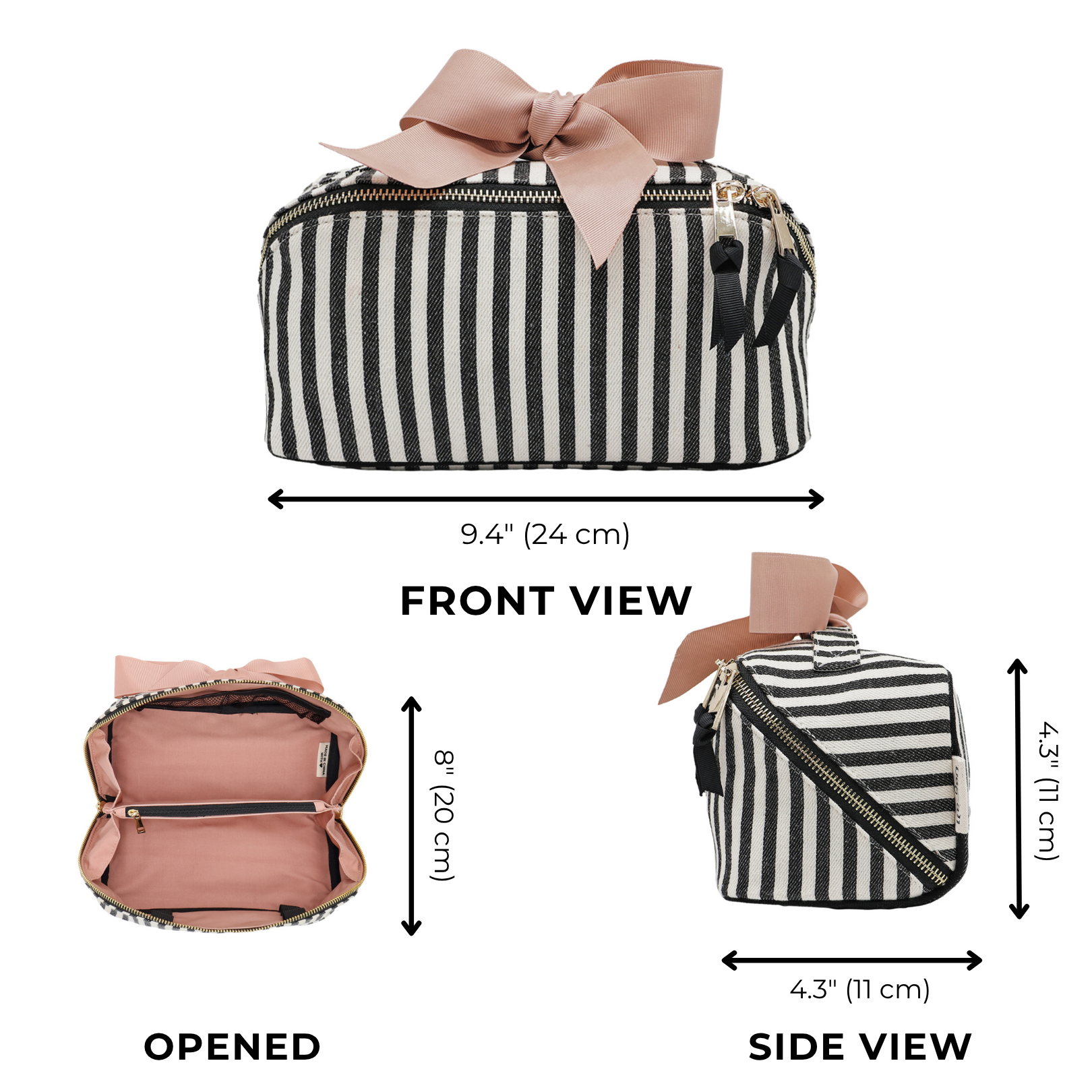 Accordion Box Makeup & Toiletry – Striped, a Paris-designed cotton travel organizer with gold zipper and pink bow for personalized packing and stylish travel.