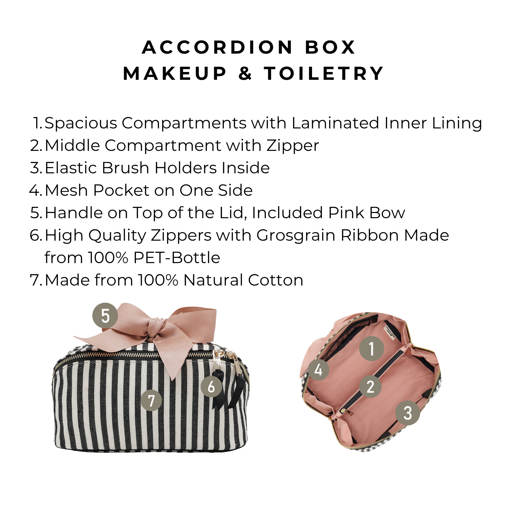 Accordion Box Makeup & Toiletry – Striped by Bag-all, a personalized cotton travel organizer with spacious compartments, zippered middle, and elastic brush holders.