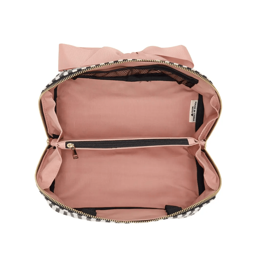 Accordion Box Makeup & Toiletry – Striped open to show spacious cotton interior with zippered divider and mesh pocket for stylish personalized travel organization by Bag-all.