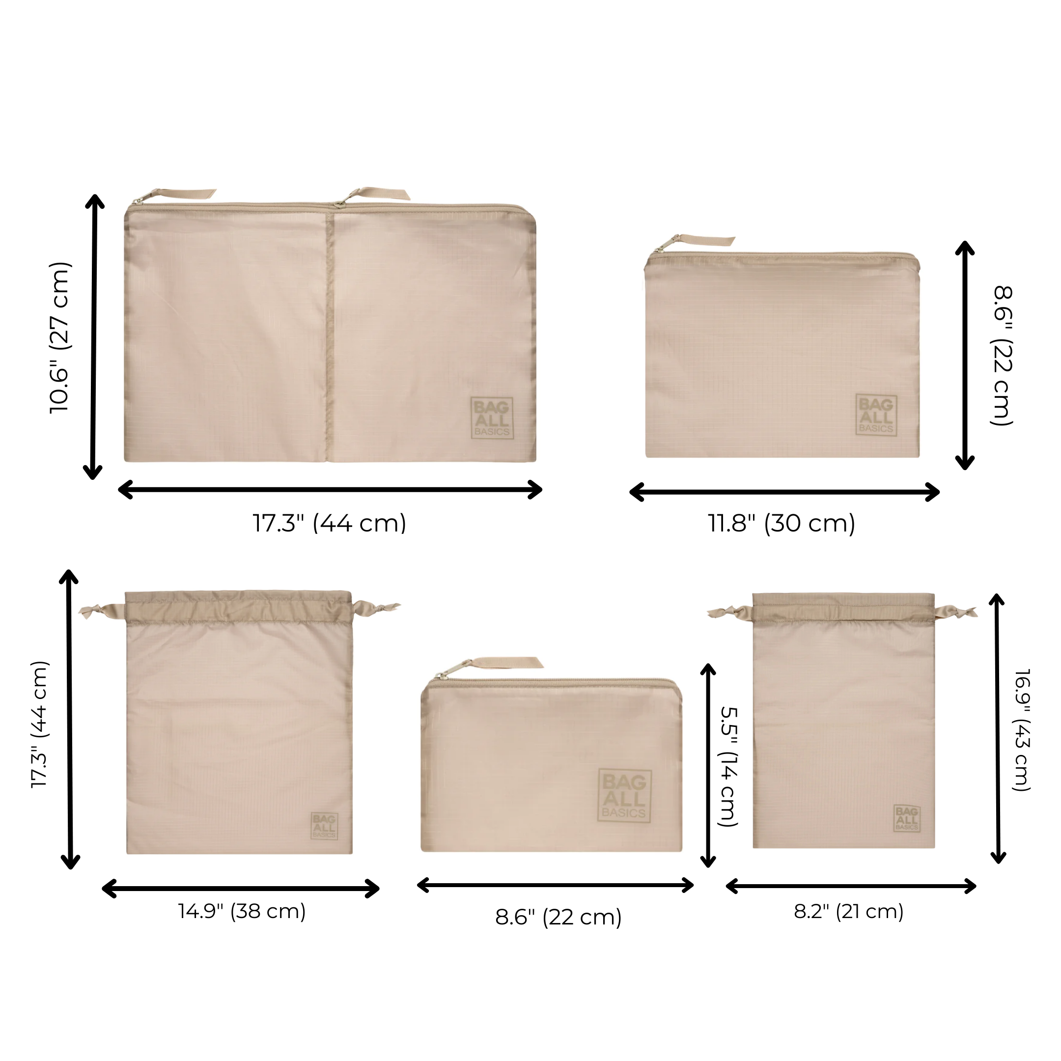 Packing Bags Set in Recycled Nylon, 5-pack, Taupe | Bag-all