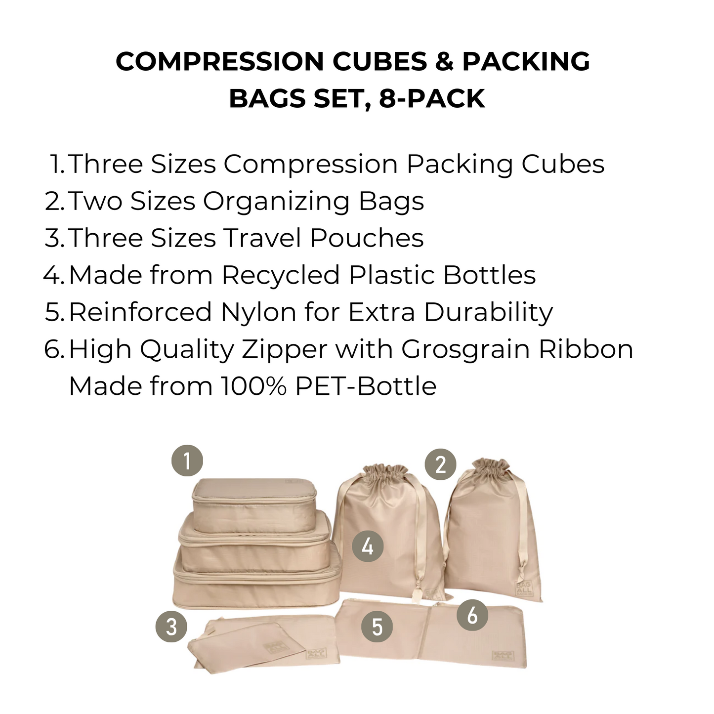 Bag-all Compression Cubes & Packing Bags Set in taupe featuring 8 eco-friendly travel organizers: 3 compression cubes, 2 organizing bags, and 3 pouches made from recycled nylon with durable PET zippers