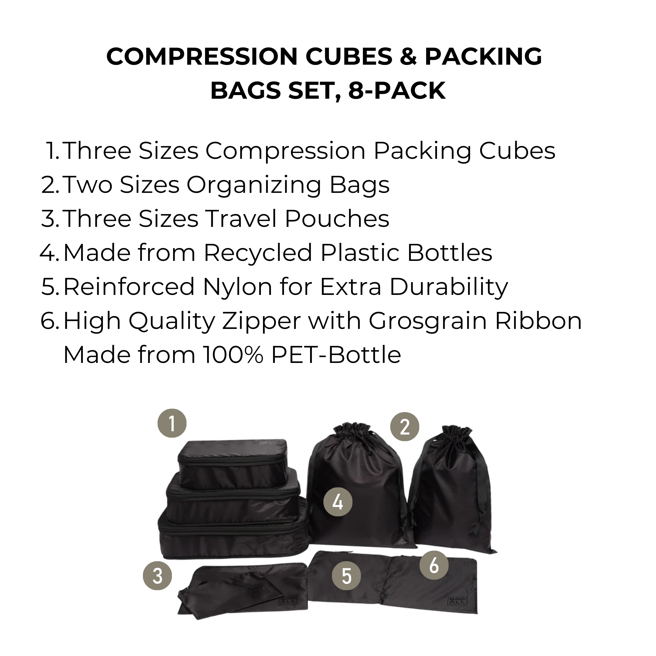 Compression Cubes & Packing Bags Set, 8-pack, Black | Bag-all