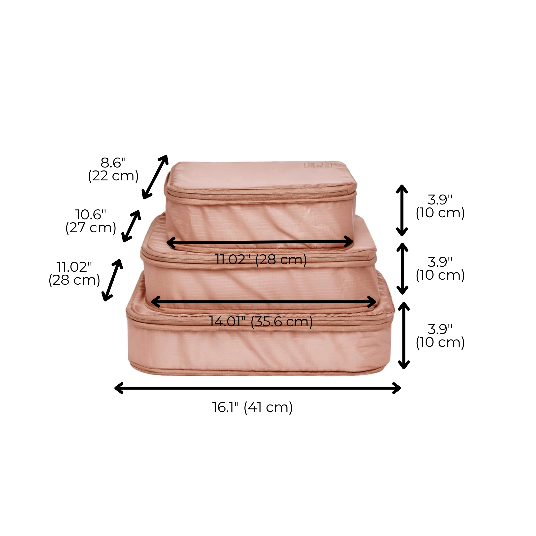 Bag-all Compression Cubes & Packing Bags Set in pink blush showing three stackable cubes with detailed measurements, made from recycled nylon for sustainable travel organization