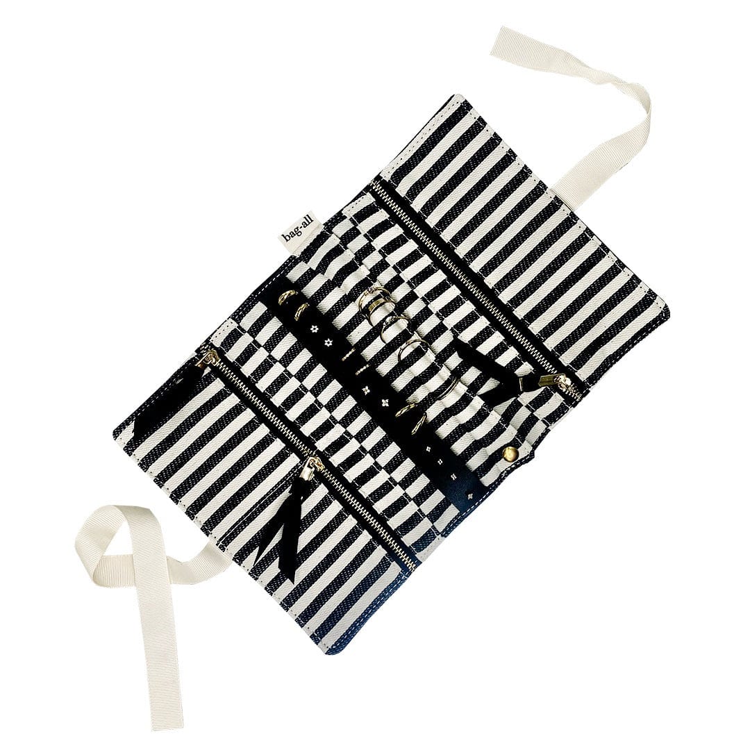 Bag-all Deal Gift Set for Her featuring black and white striped cotton cases - jewelry roll, makeup case, and lingerie organizer with signature striped lining and ribbon ties