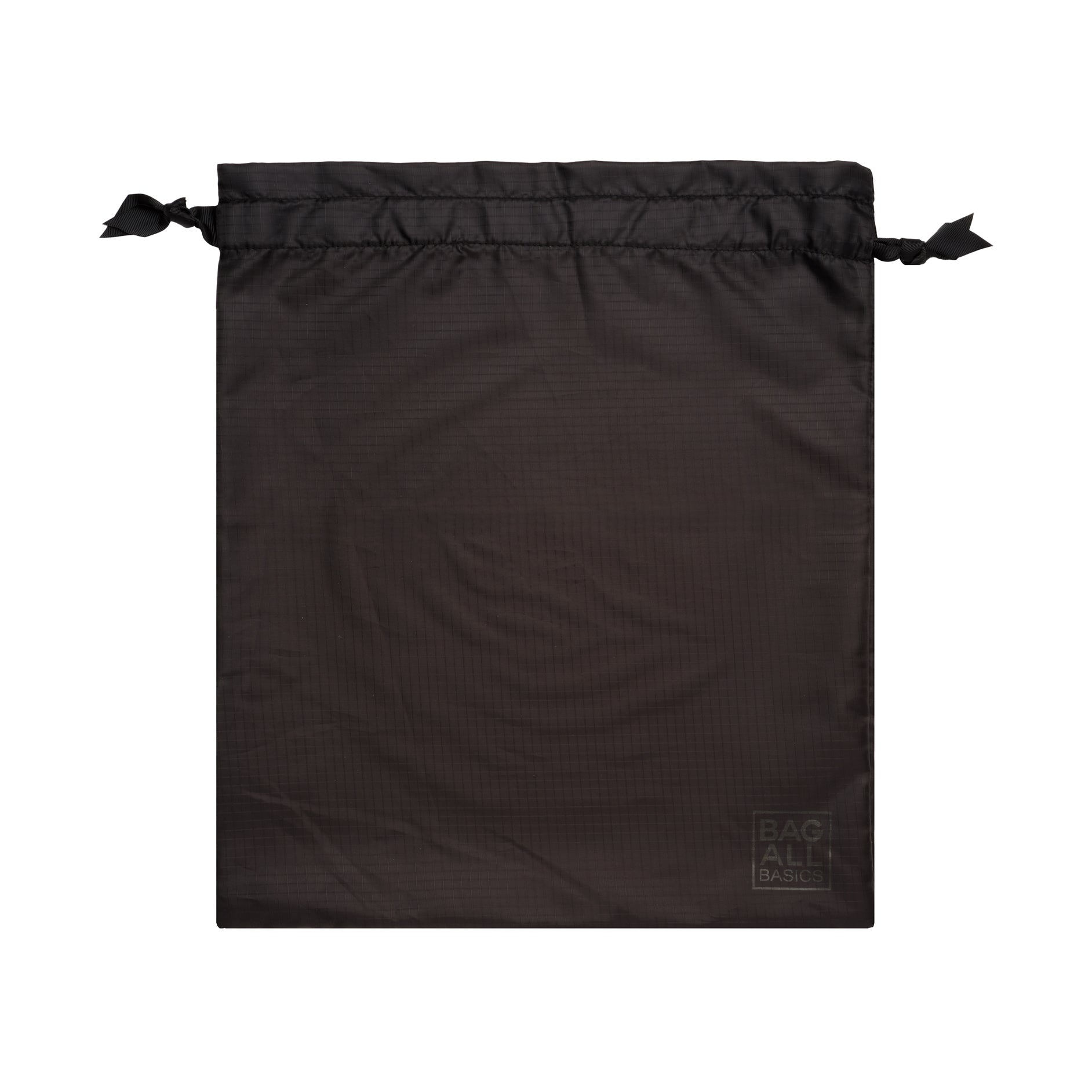 Bag-all Packing Bags Set in recycled nylon, black drawstring storage bag with eco-friendly logo, part of 5-pack organizational travel set made from repurposed plastic bottles