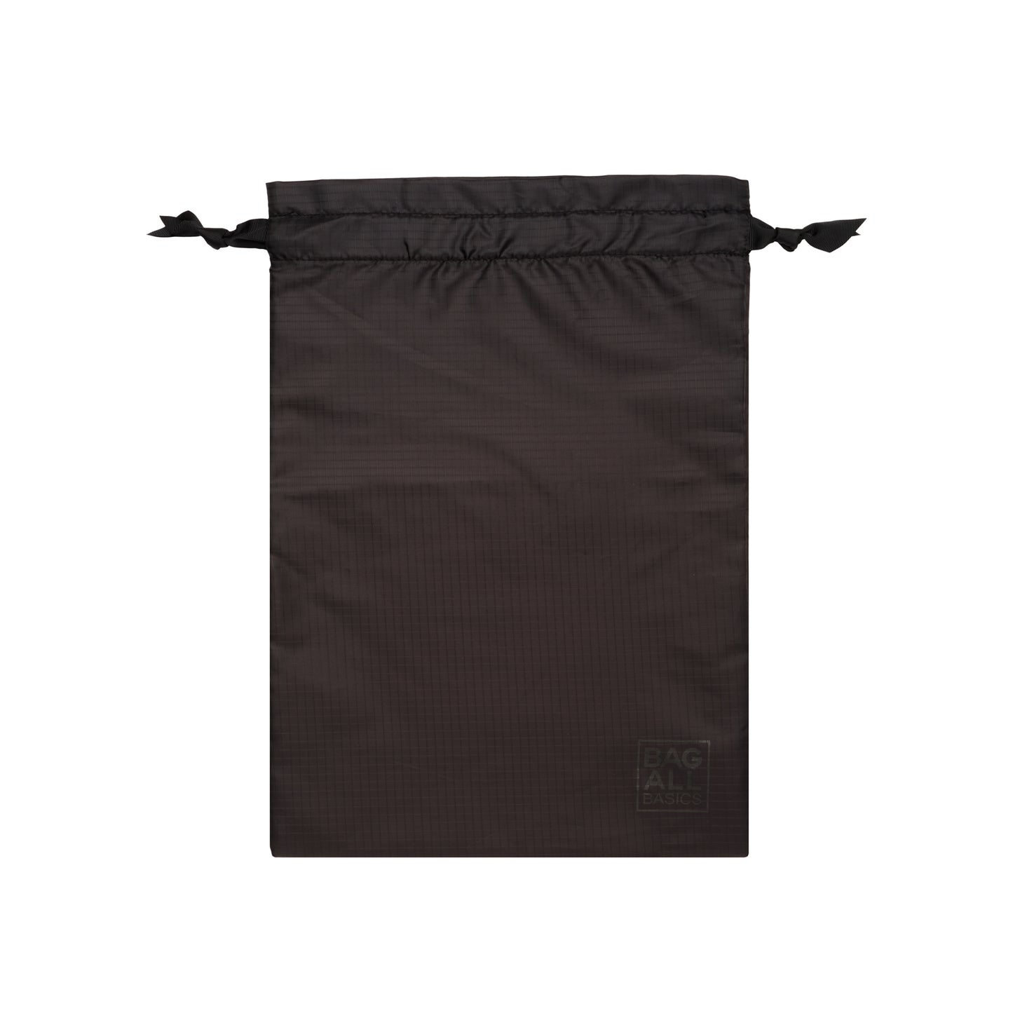 Bag-all Black Compression Cube & Packing Bag from sustainable recycled nylon, featuring drawstring closure and brand logo, perfect for organized travel packing