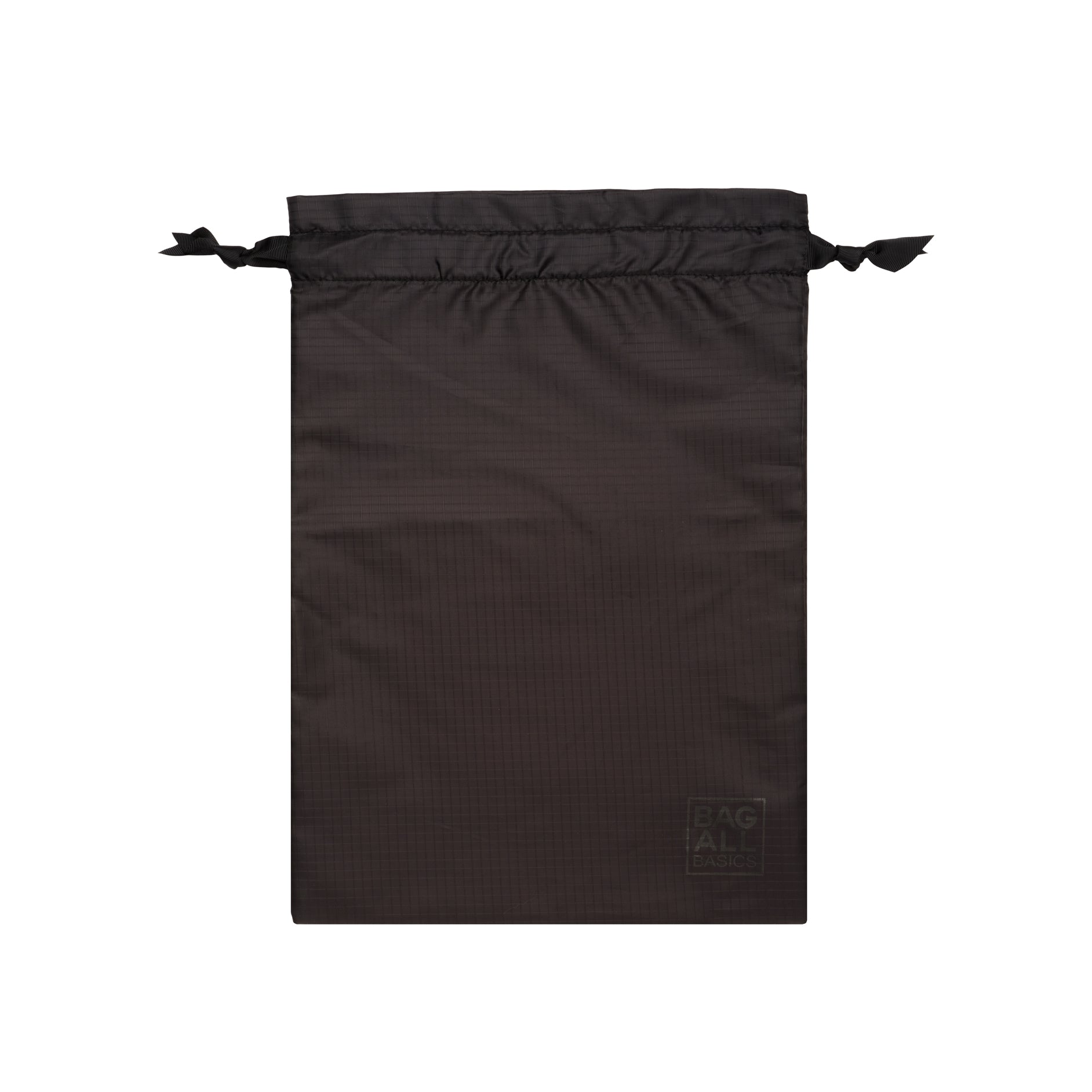 Bag-all Black Compression Cube & Packing Bag from sustainable recycled nylon, featuring drawstring closure and brand logo, perfect for organized travel packing