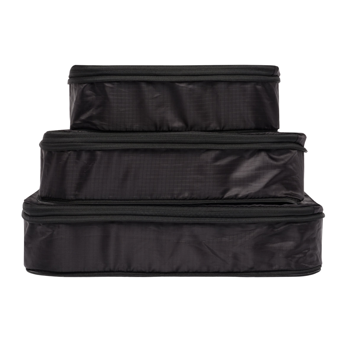Bag-all recycled nylon compression packing cubes in black, set of 3 sizes, featuring eco-friendly material and space-saving design for organized travel