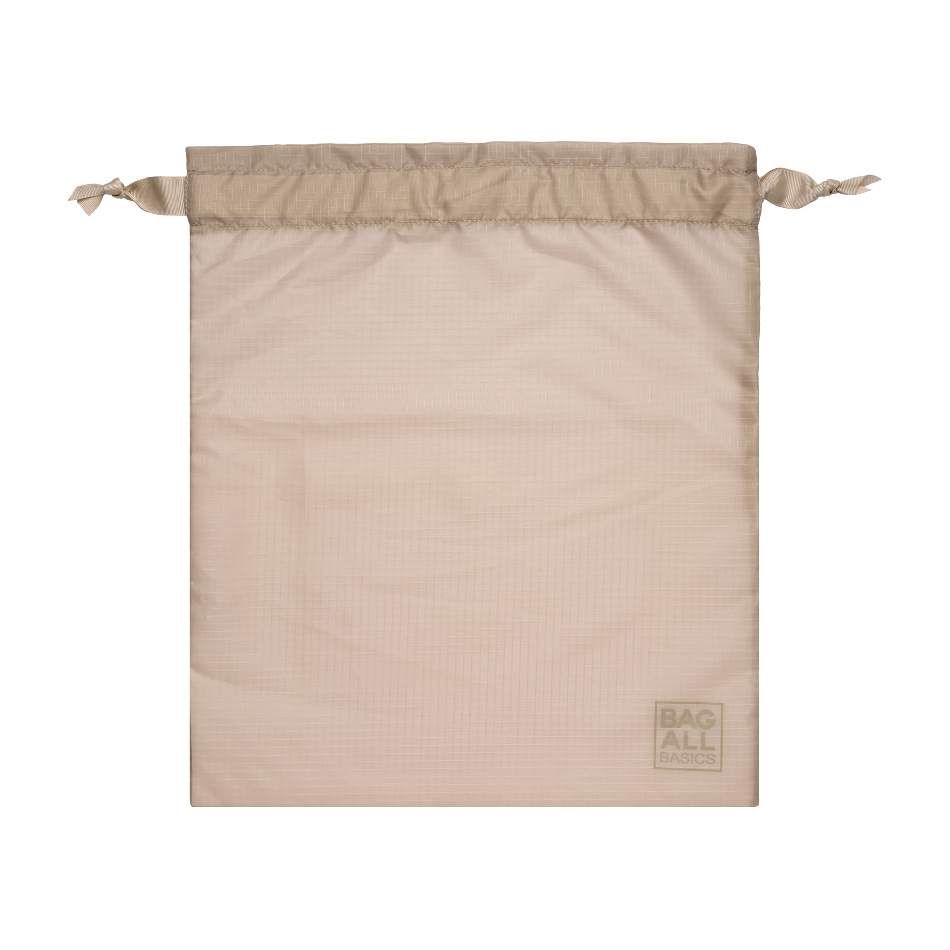 Bag-all Compression Cubes & Packing Bags Set in taupe, featuring a drawstring recycled nylon packing bag with subtle logo detail, perfect for organized travel